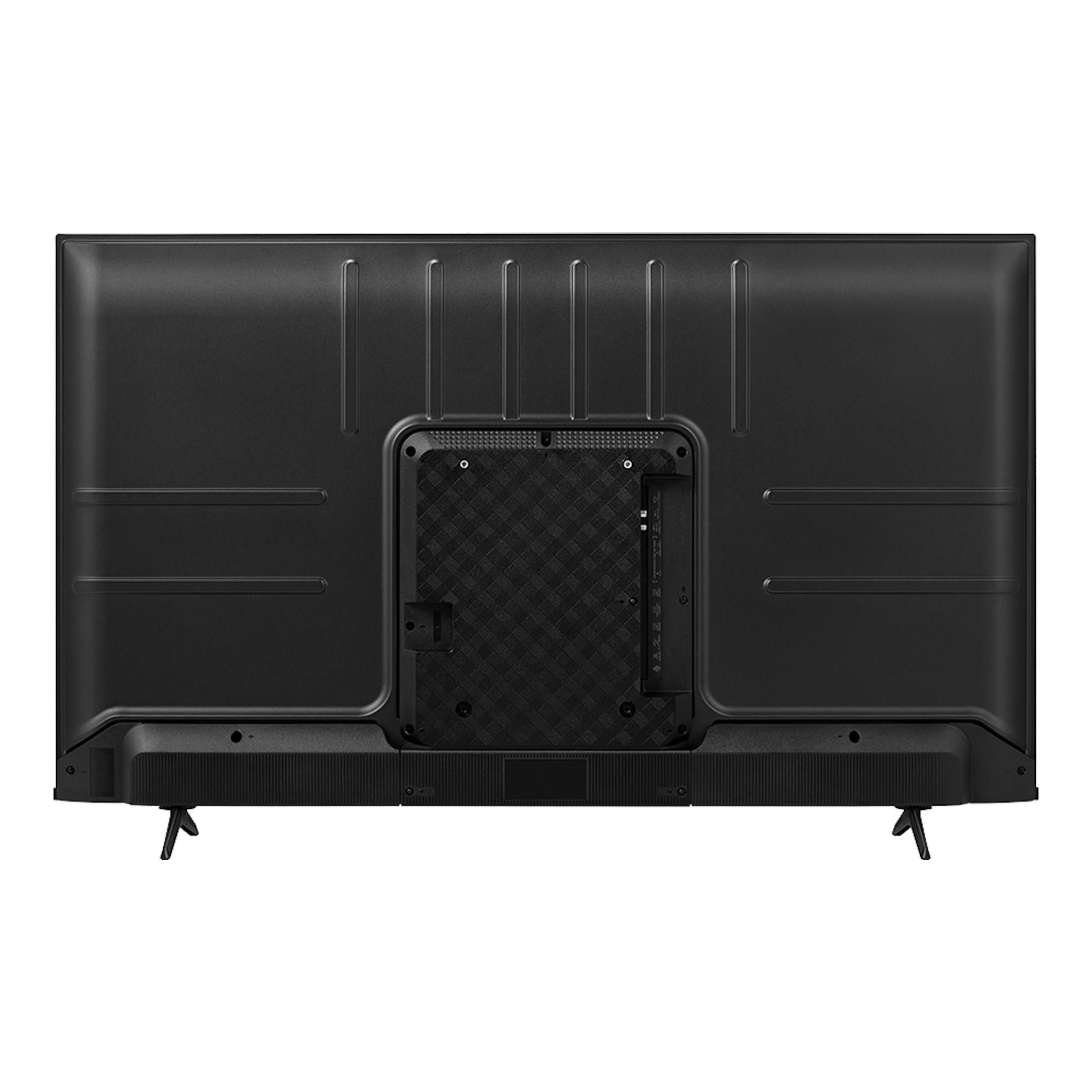 Hisense 55E77KQ, vista trasera de un televisor negro con dos patas y panel de conexiones central.