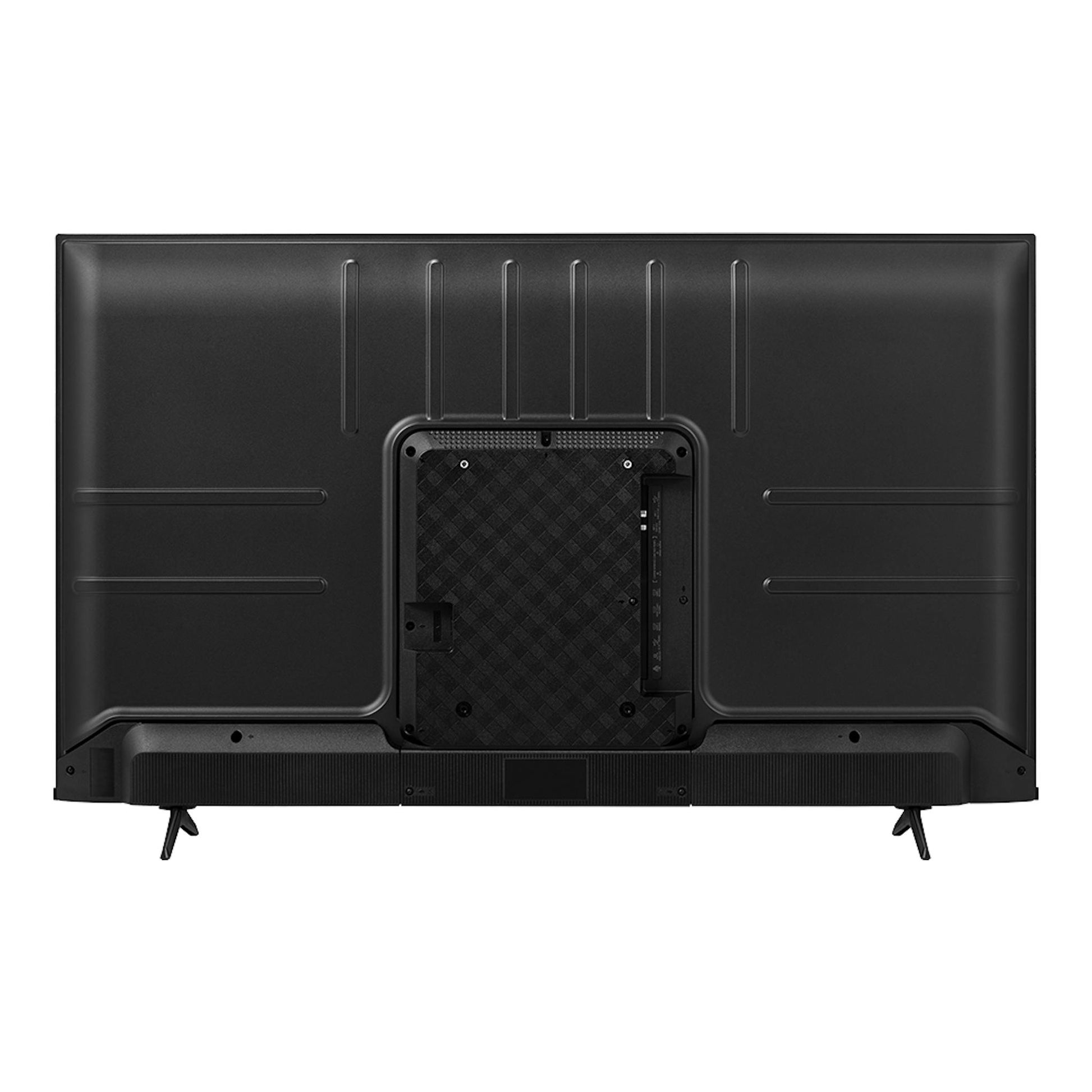 Parte trasera de un televisor Hisense 55E77KQ negro, con patas inclinadas y paneles de ventilación.