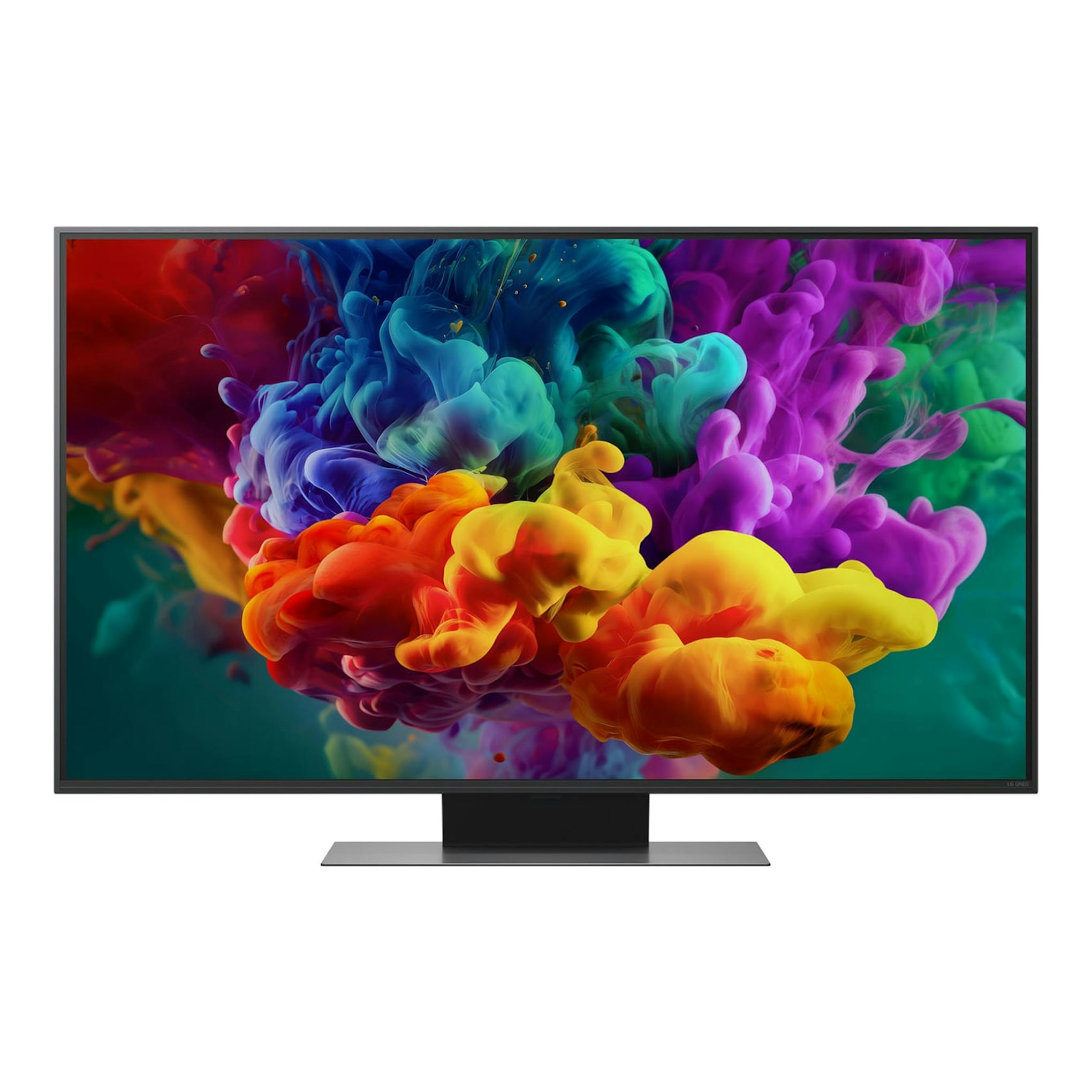 TV LG 43QNED86B6B.AEU negra, vista frontal, con base central y pantalla con imagen abstracta multicolor.