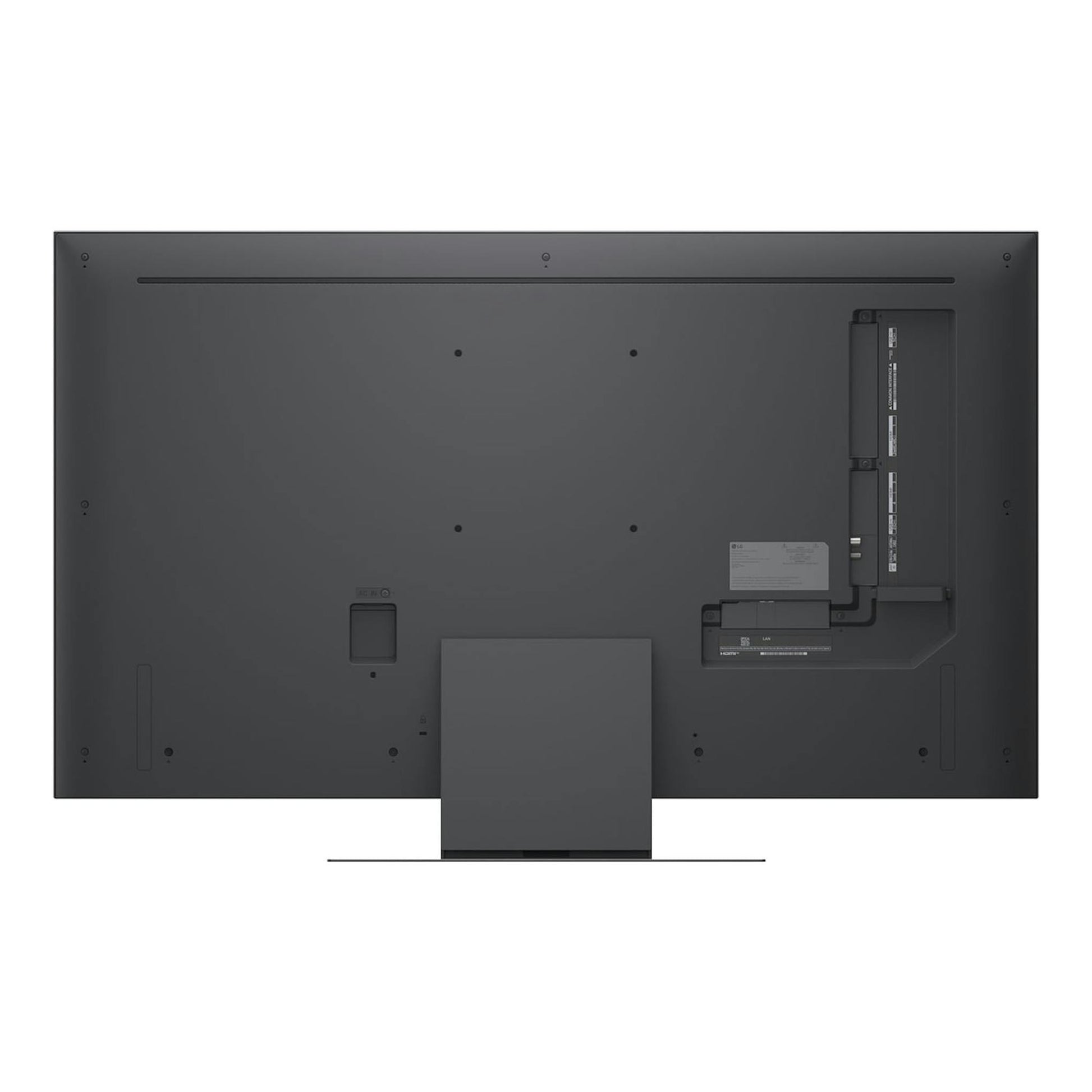 Vista trasera de un televisor LG QNED 4K 43QNED86B6B.AEU negro, con peana central y conexiones laterales.