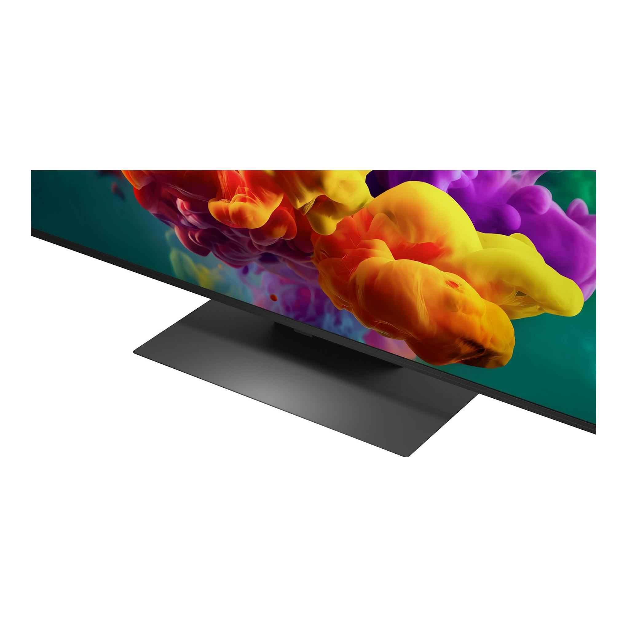 Televisor LG QNED 43QNED86B6B.AEU, vista en ángulo, pantalla con imagen abstracta multicolor y base negra.