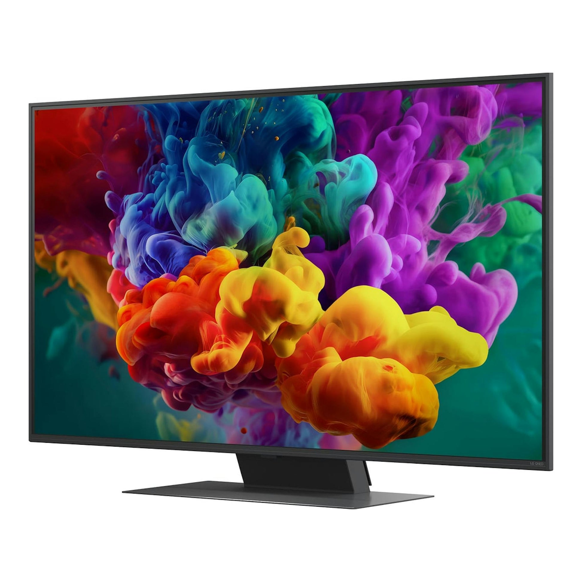 Televisor LG QNED negro, vista frontal en ángulo, con base central y pantalla con colores vivos.