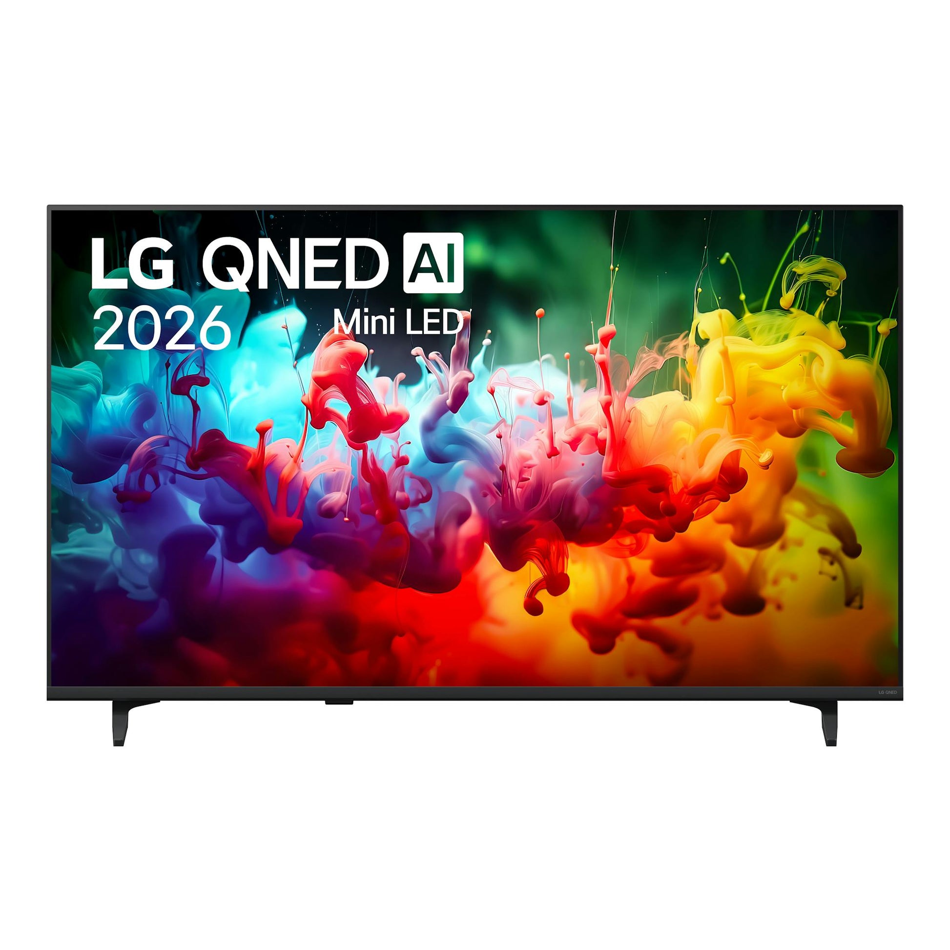 Televisor LG QNED AI 2026 Mini LED, vista frontal, con pantalla multicolor y dos patas negras.