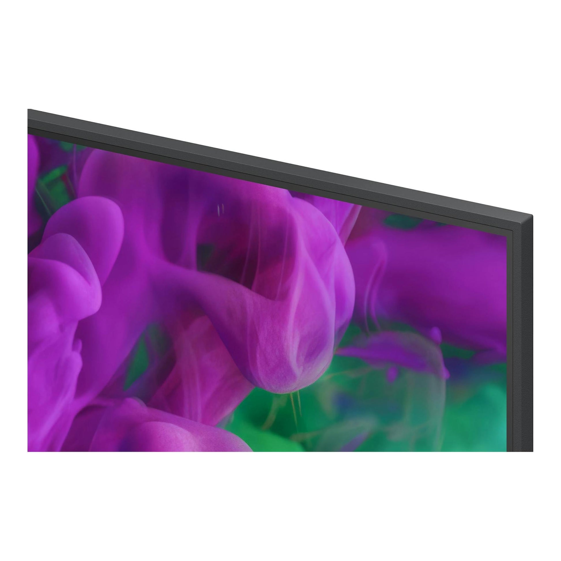 Televisor LG QNED negro, vista en ángulo, con pantalla mostrando imagen abstracta en morado y verde.