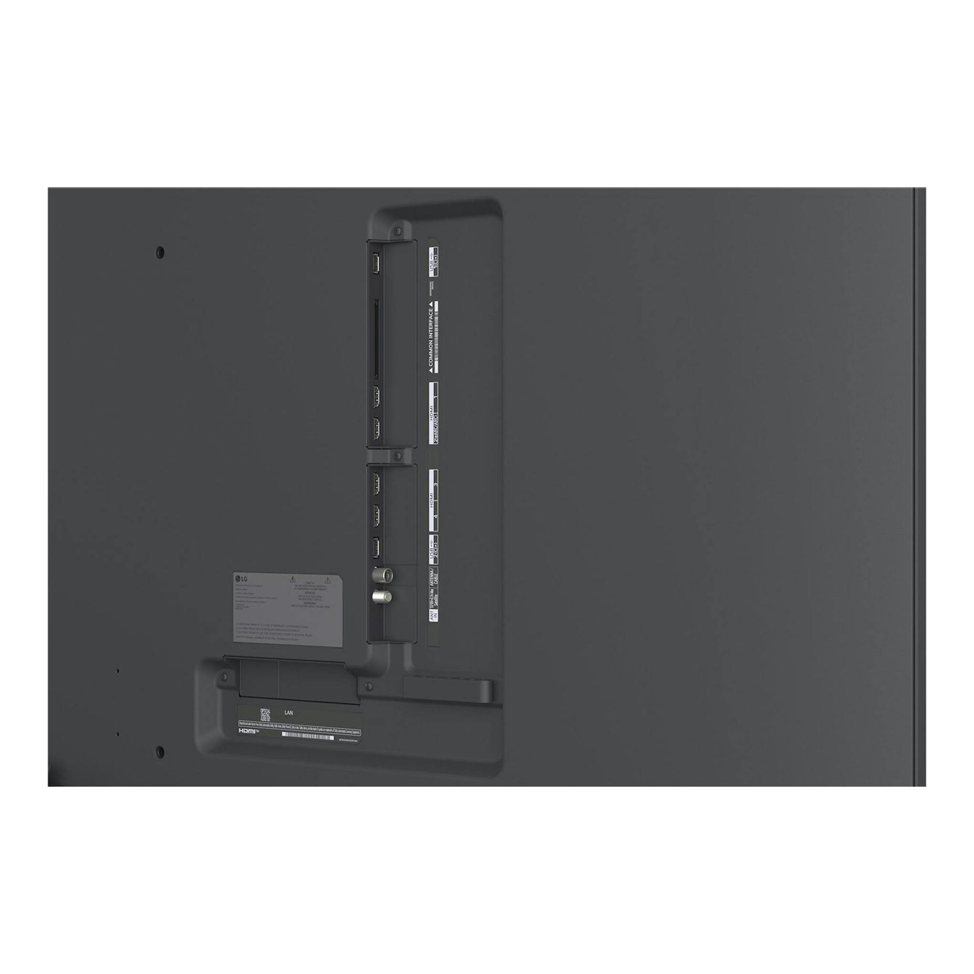 Vista trasera de TV LG QNED 86QNED86B6B, en gris oscuro, con panel de conexiones y puertos HDMI.