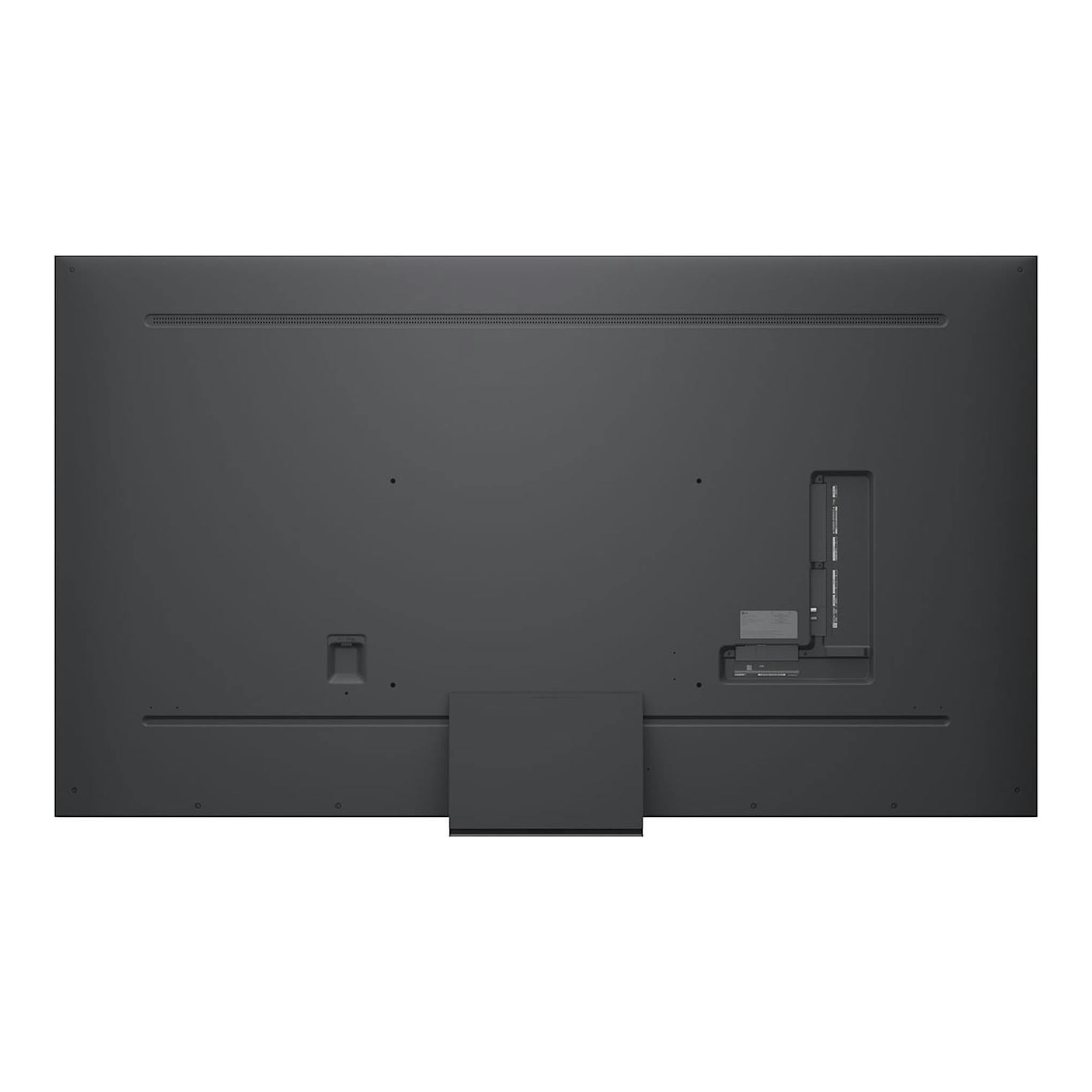 Parte trasera de un televisor LG QNED 4K negro, vista posterior, con soporte central y puertos laterales.