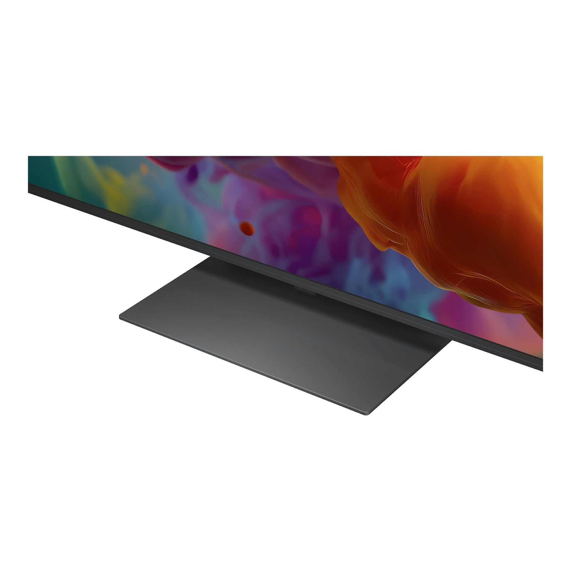 TV LG QNED 86QNED86B6B.AEU en vista oblicua, con base negra y pantalla con imagen abstracta multicolor.