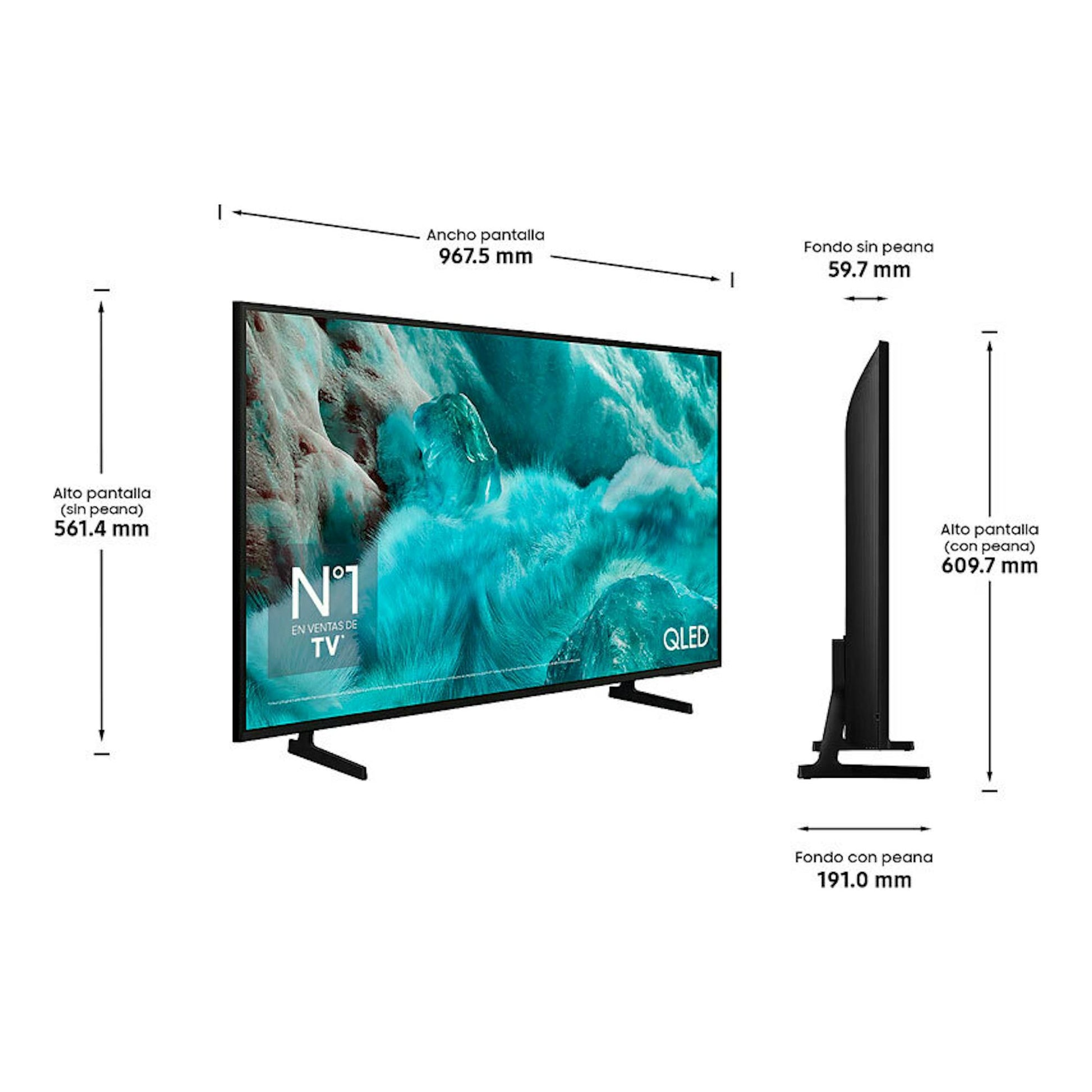 TV Samsung TQ43Q7FAAUXXC QLED 4K de 43”, vista frontal y lateral en color negro, con medidas.