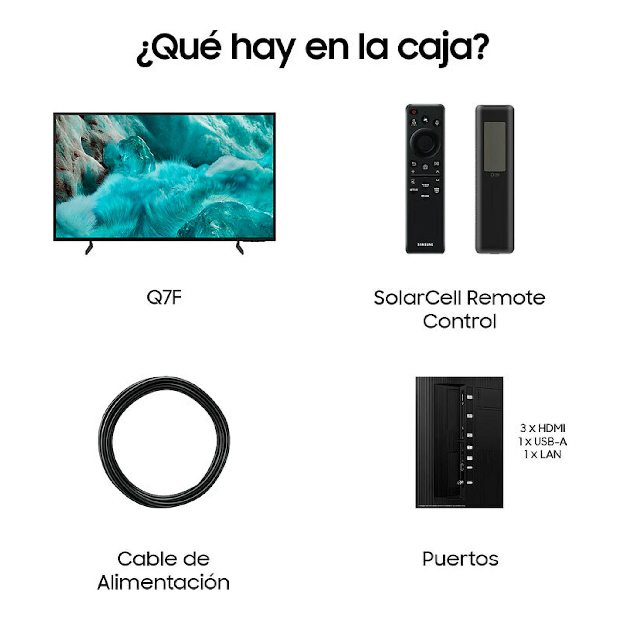 Samsung Q7F: TV frontal, mando SolarCell, cable de alimentación y puertos HDMI, USB-A y LAN.