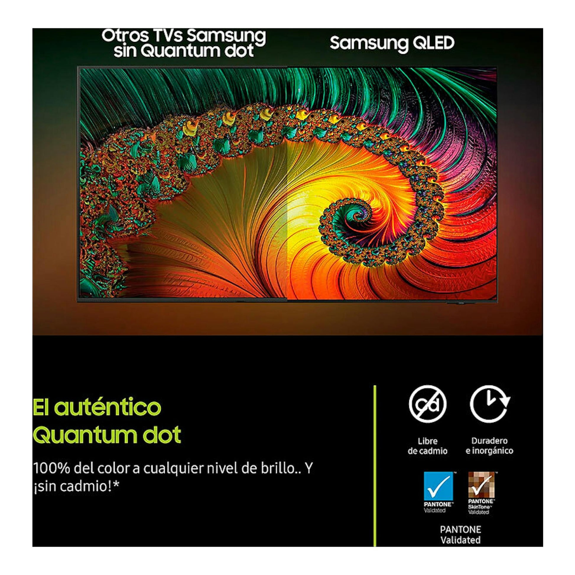 TV Samsung TQ43Q7FAAUXXC QLED 4K, vista frontal con fractal multicolor y textos informativos.