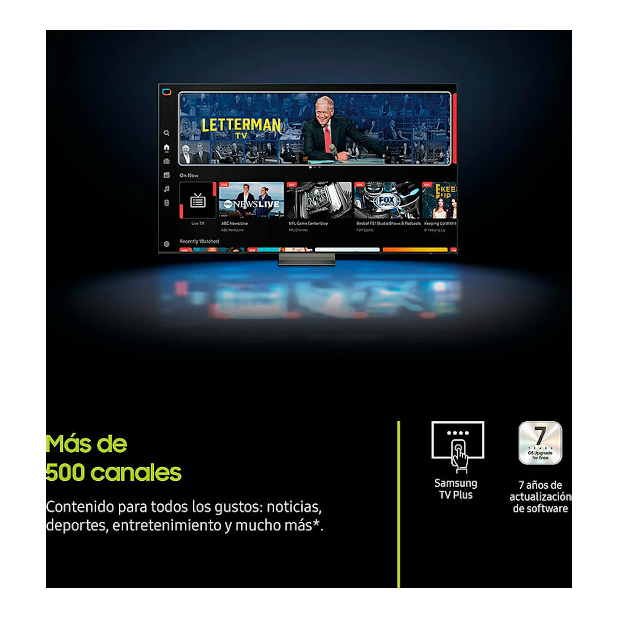 Televisor Samsung TQ43Q7FAAUXXC QLED 4K, vista frontal, con interfaz y texto “Más de 500 canales”.