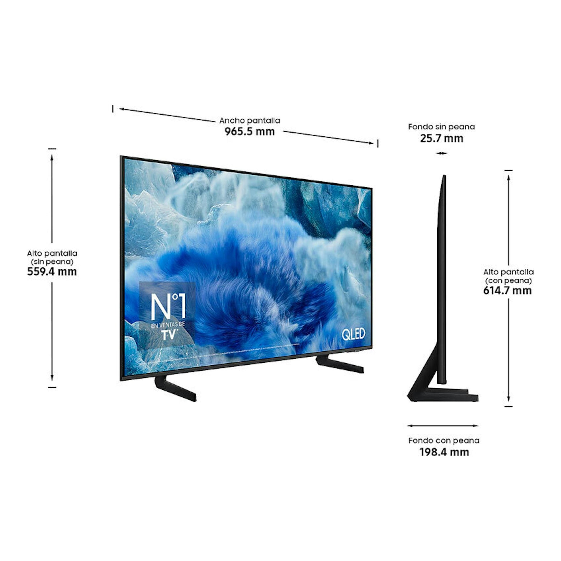 Samsung TQ43Q8FAAUXXC QLED 4K 43" en vista frontal y lateral, con medidas de pantalla y peana.