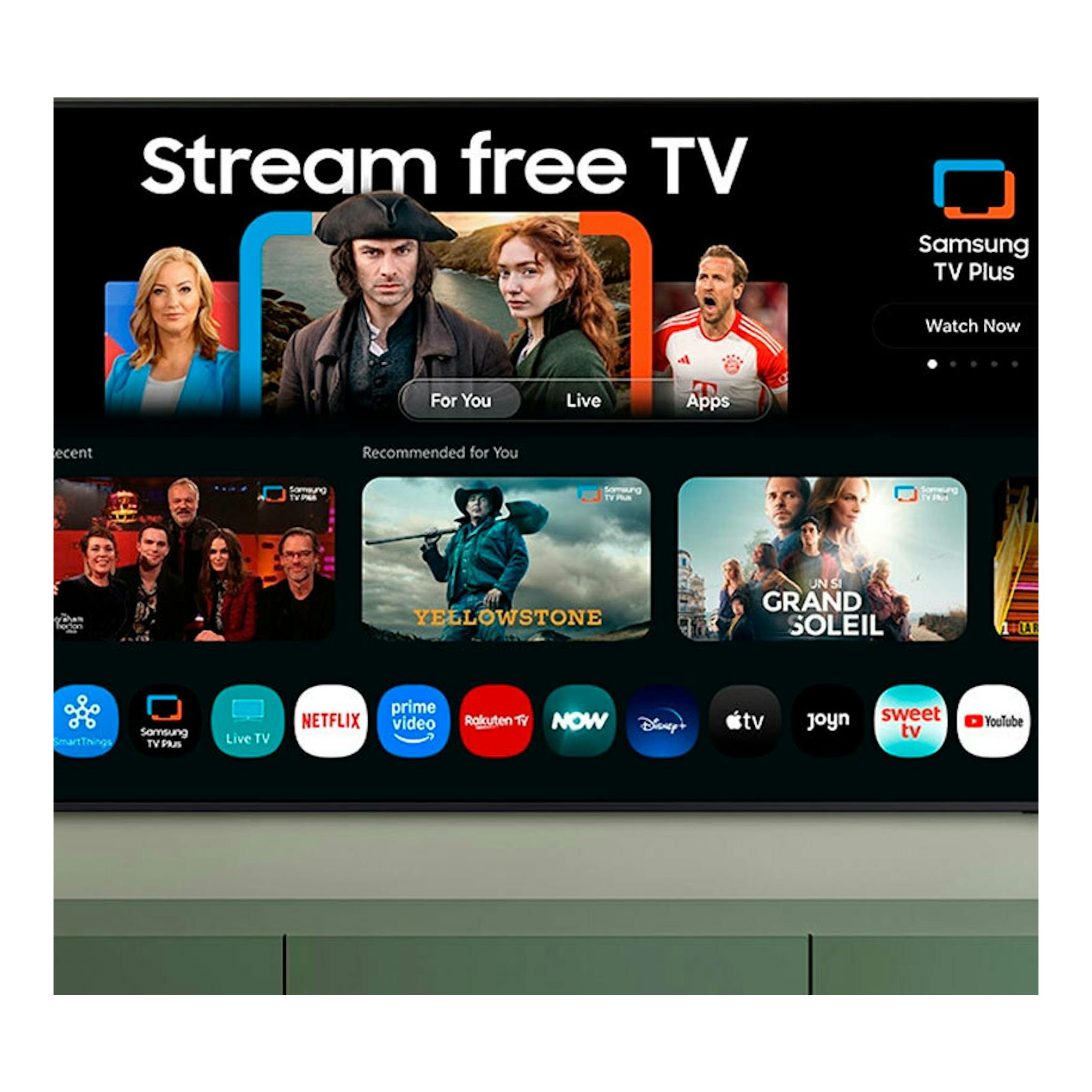 TV Samsung TQ43QN90FATXXC NeoQLED 4K de 43", vista frontal, con interfaz Samsung TV Plus en pantalla.