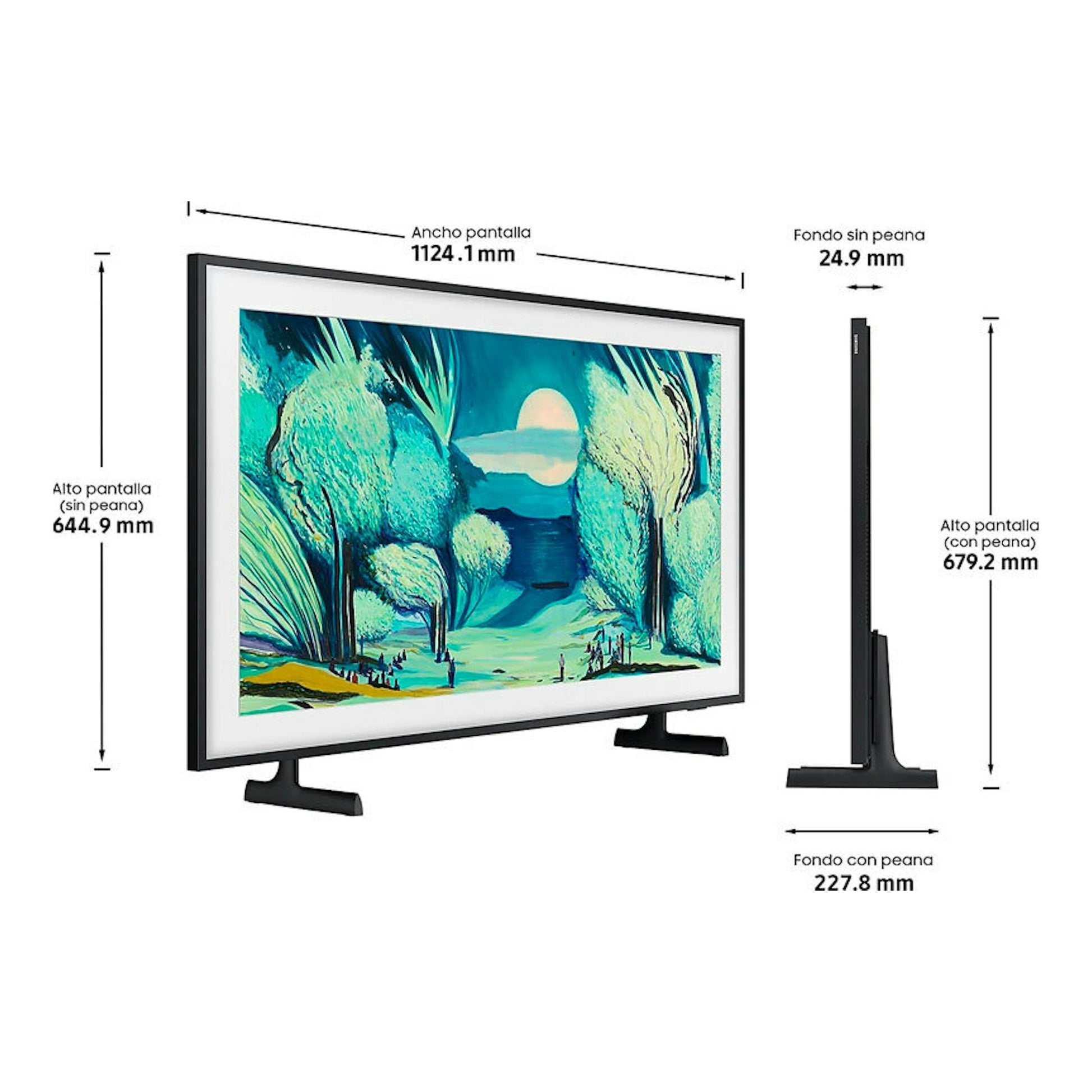 TV Samsung TQ50LS03FAUXXC QLED 4K de 50", vista frontal y lateral sobre fondo blanco, con medidas.
