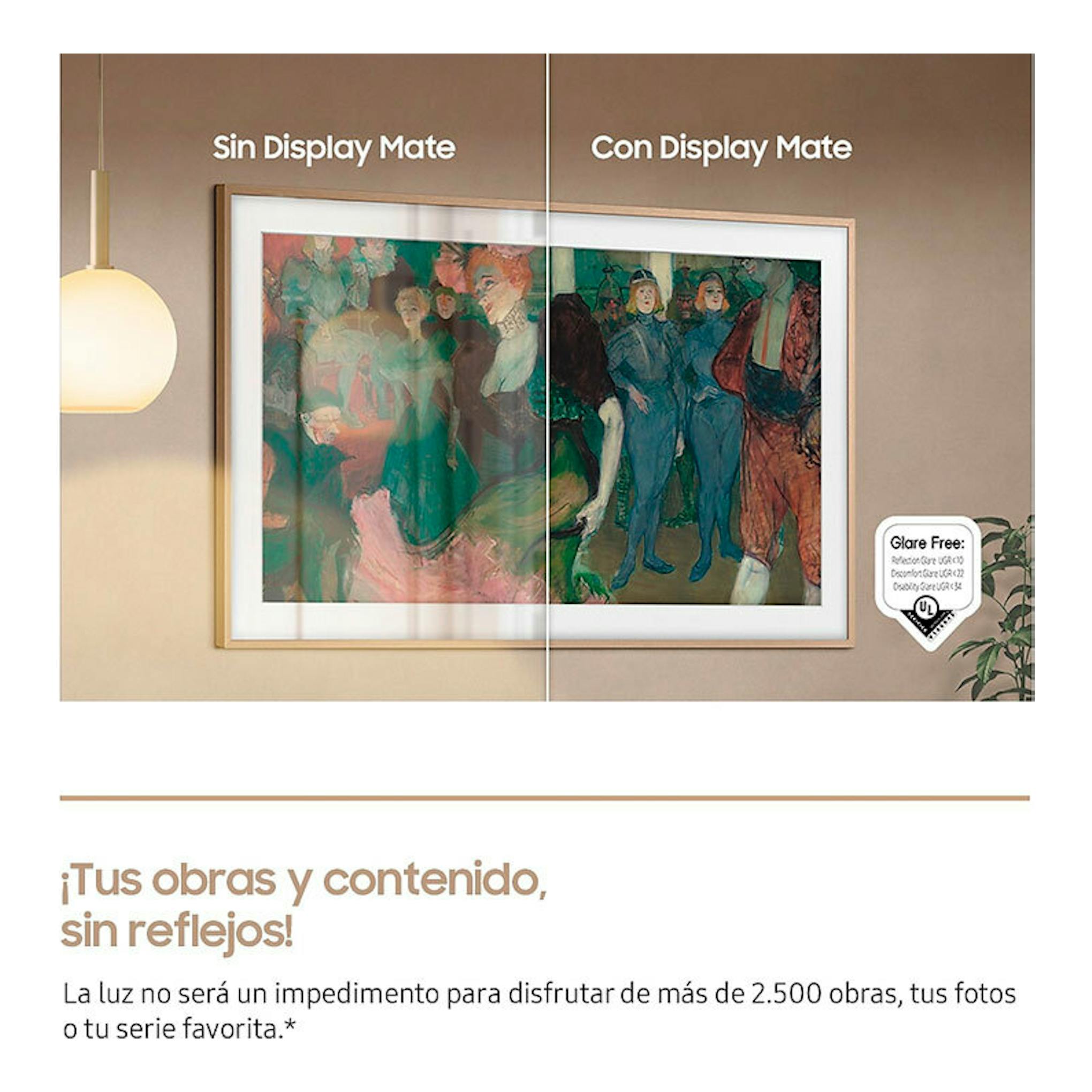 TV Samsung enmarcado, vista frontal dividida entre “Sin Display Mate” y “Con Display Mate”.