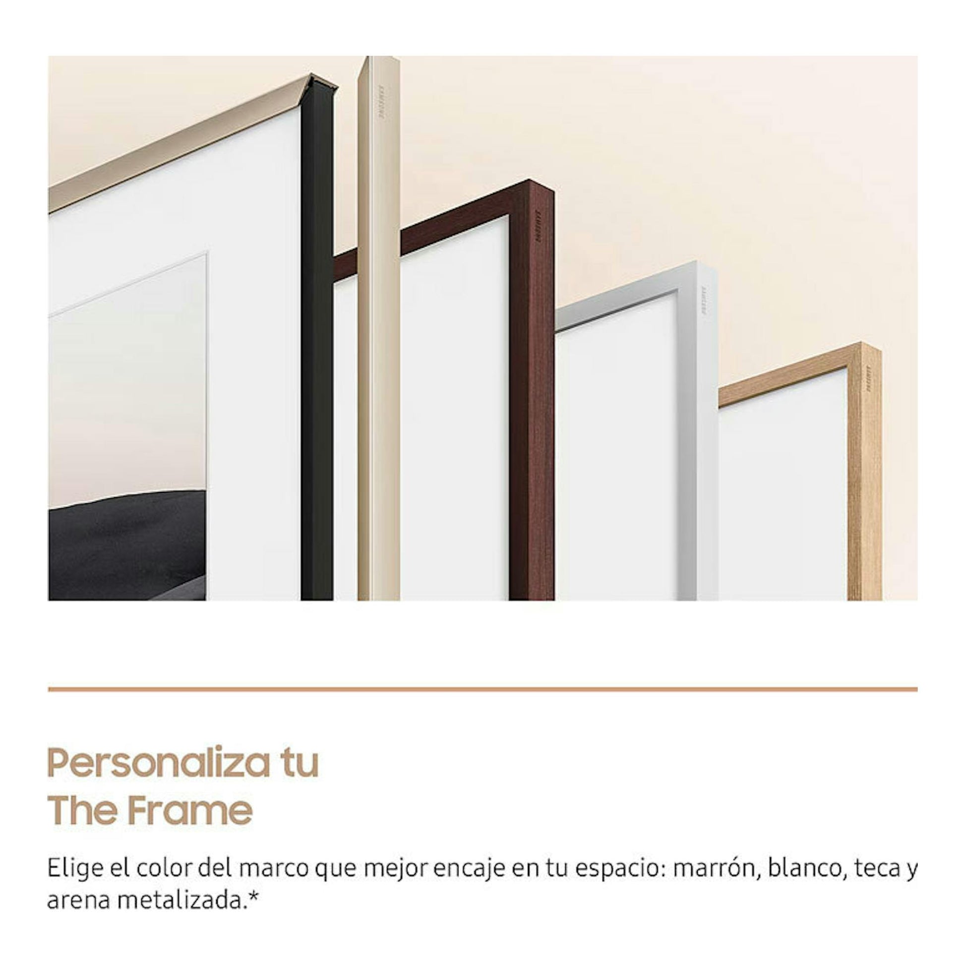 Samsung The Frame TQ50LS03FAUXXC: vista de marcos intercambiables en negro, beige, marrón, gris y madera.