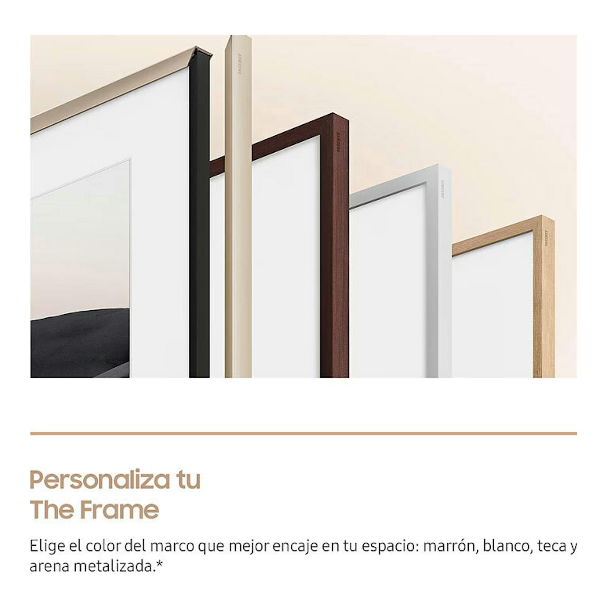 Samsung The Frame TQ50LS03FAUXXC: vista de marcos intercambiables en negro, beige, marrón, gris y madera.