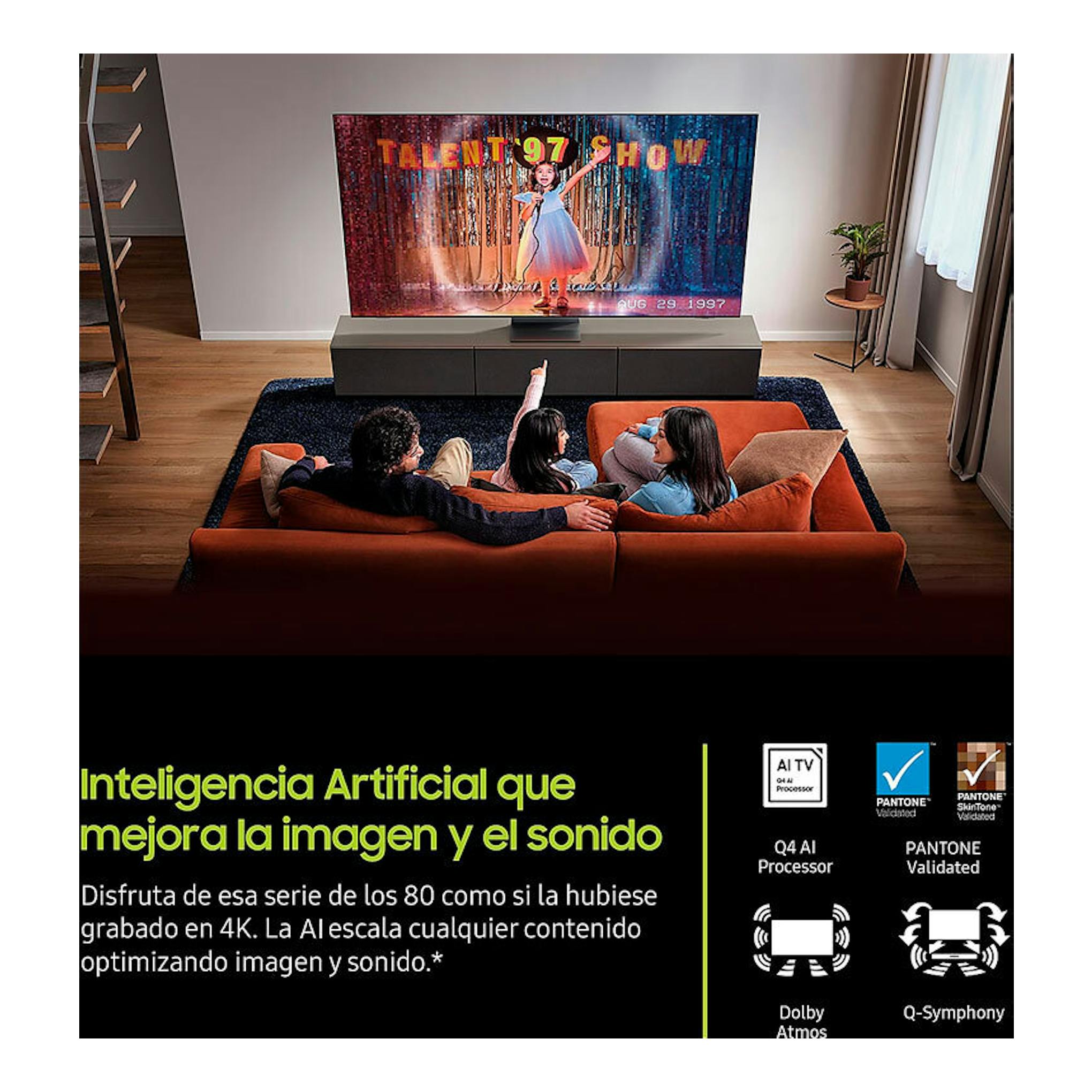 Samsung TQ50Q7FAAUXXC QLED 4K 55 pulgadas, vista frontal en salón con TV sobre mueble y texto promocional.