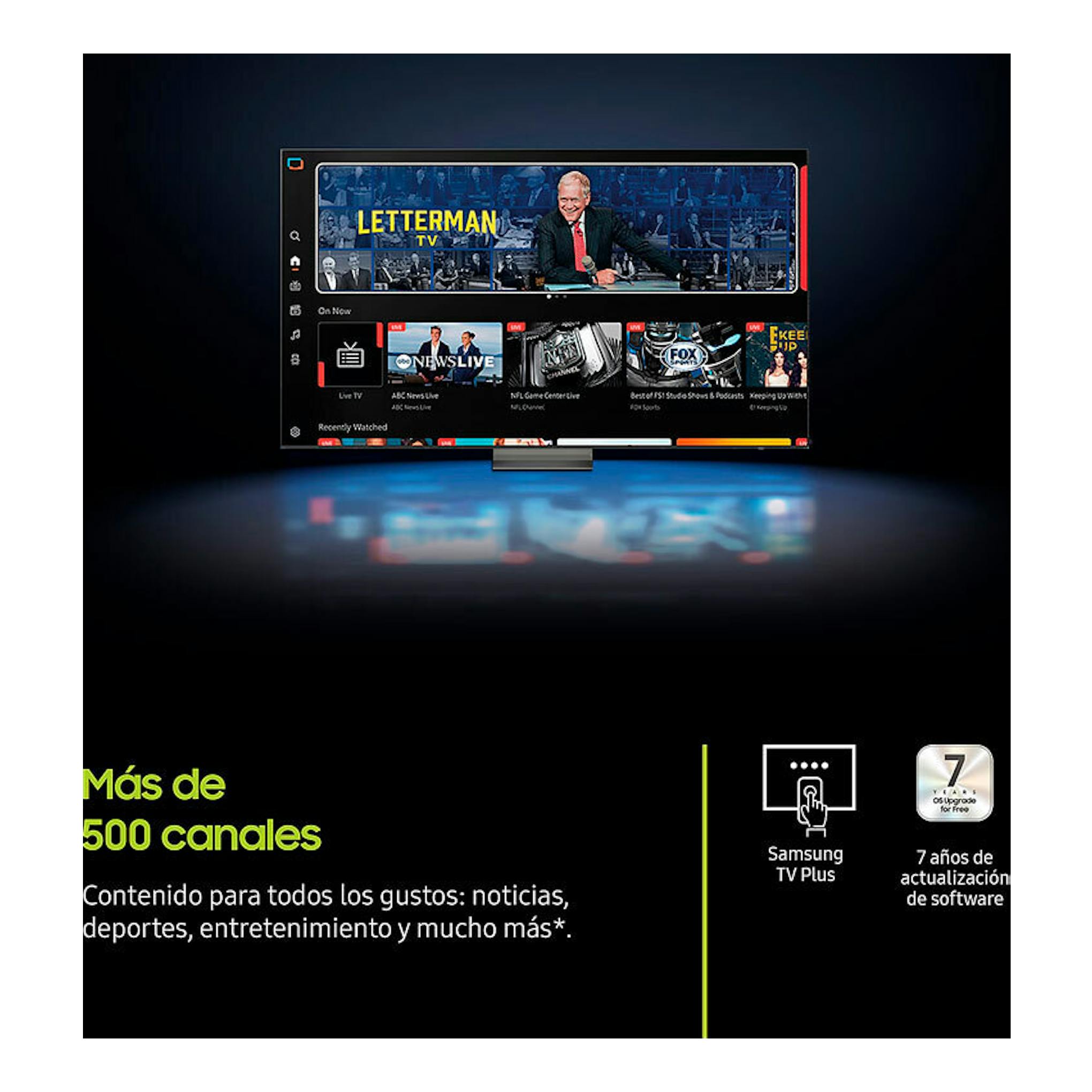 Samsung TQ50Q7FAAUXXC TV QLED, vista frontal con interfaz de canales y texto promocional sobre fondo negro.