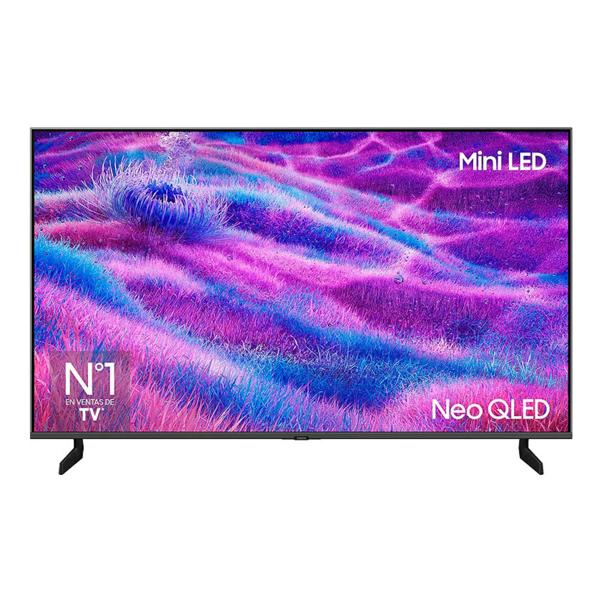 TV Samsung TQ50QN80FAUXXC Neo QLED 4K de 50", vista frontal, marco negro y peanas, pantalla morada y azul.