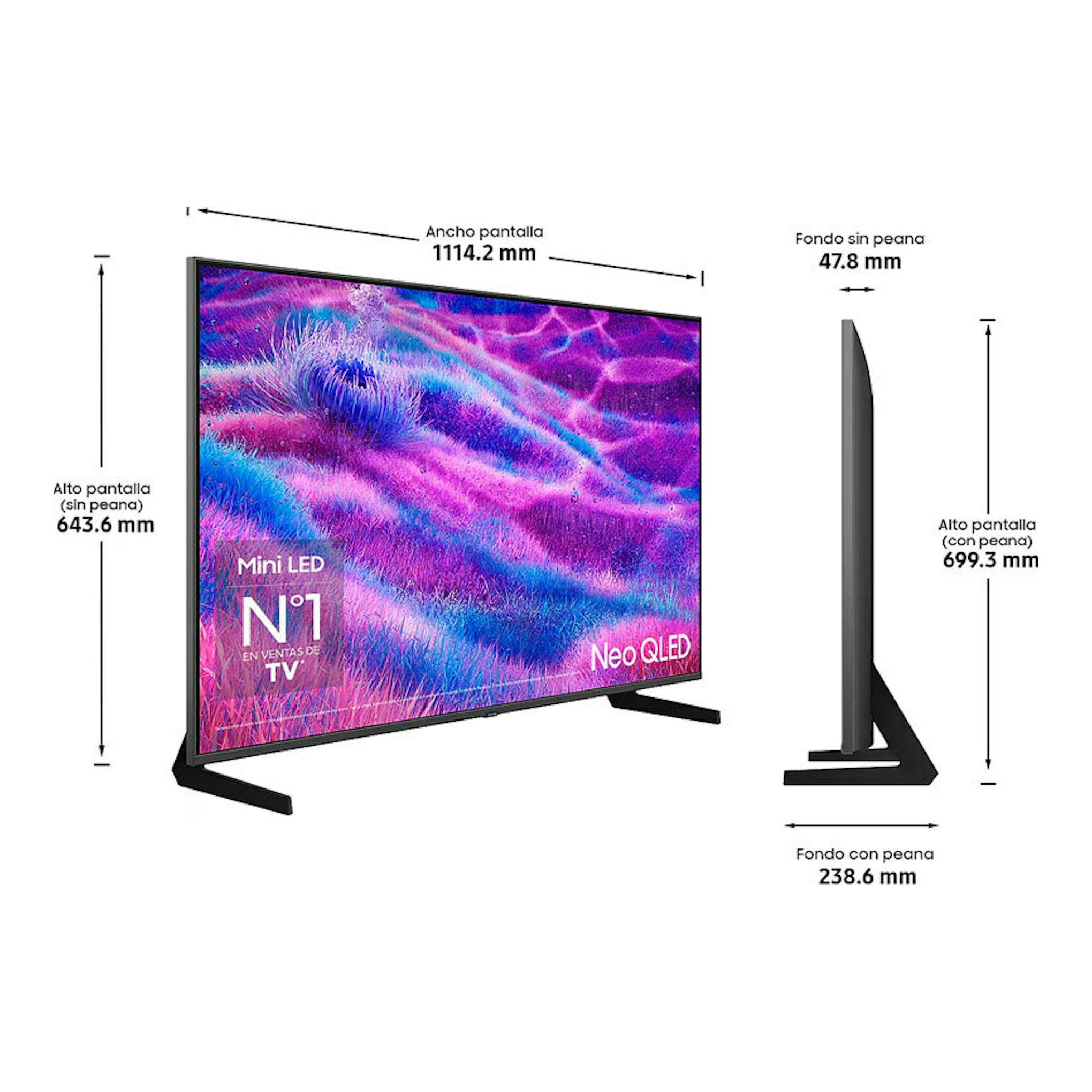 TV Samsung TQ50QN80FAUXXC Neo QLED 4K de 50”, vista frontal y lateral en negro con peana y medidas.