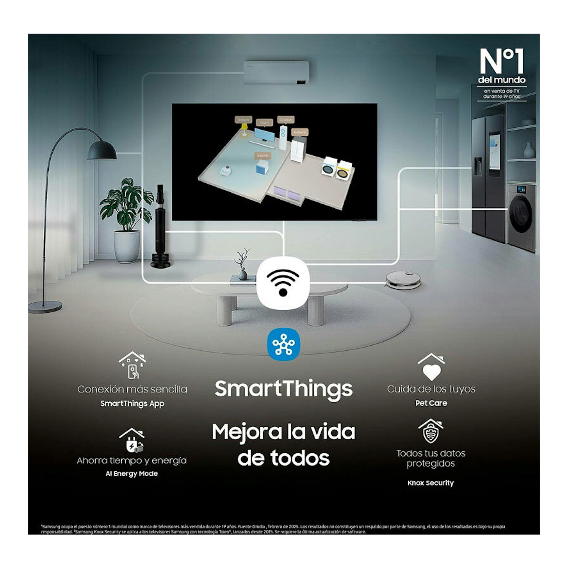 Televisor Samsung TQ50QN80FAUXXC Neo QLED 4K de 50", montado en pared, con pantalla negra, en salón gris.