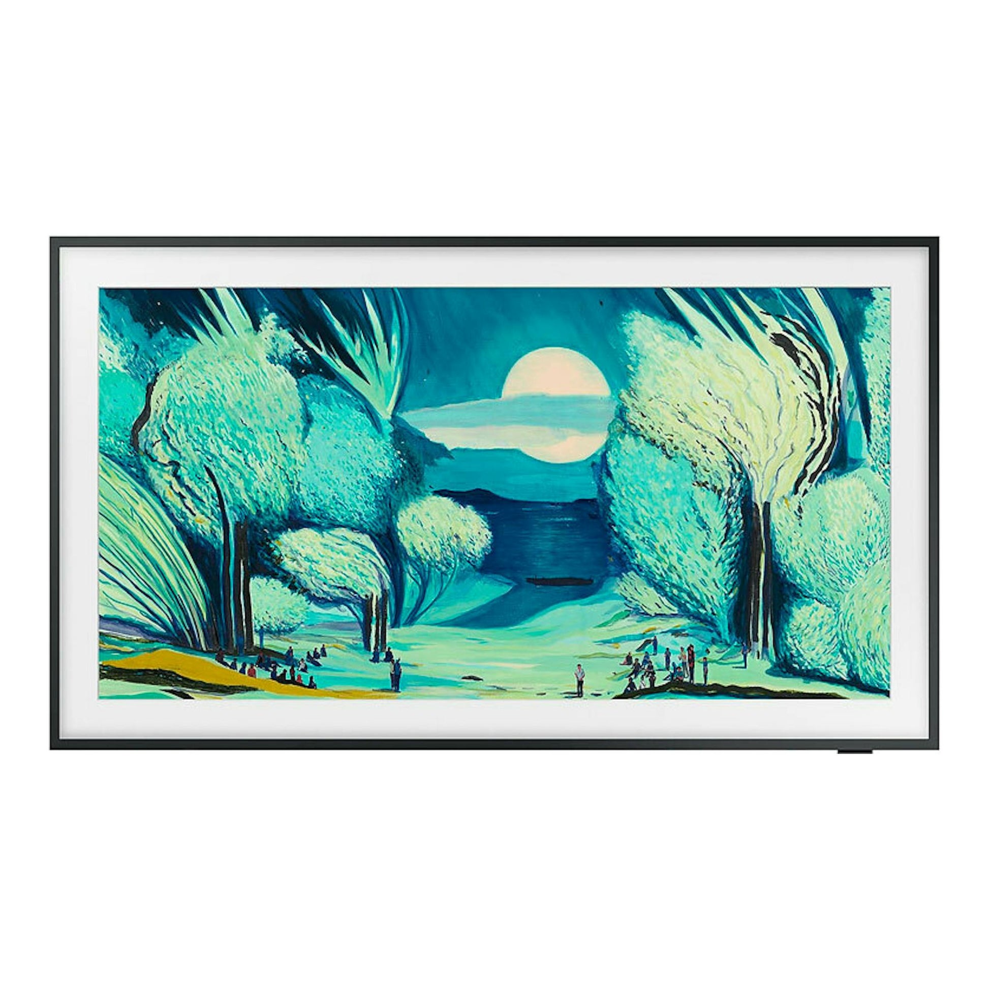 Samsung TQ65LS03FAUXXC, vista frontal, marco negro y pasepartú blanco, con paisaje artístico turquesa en pantalla.