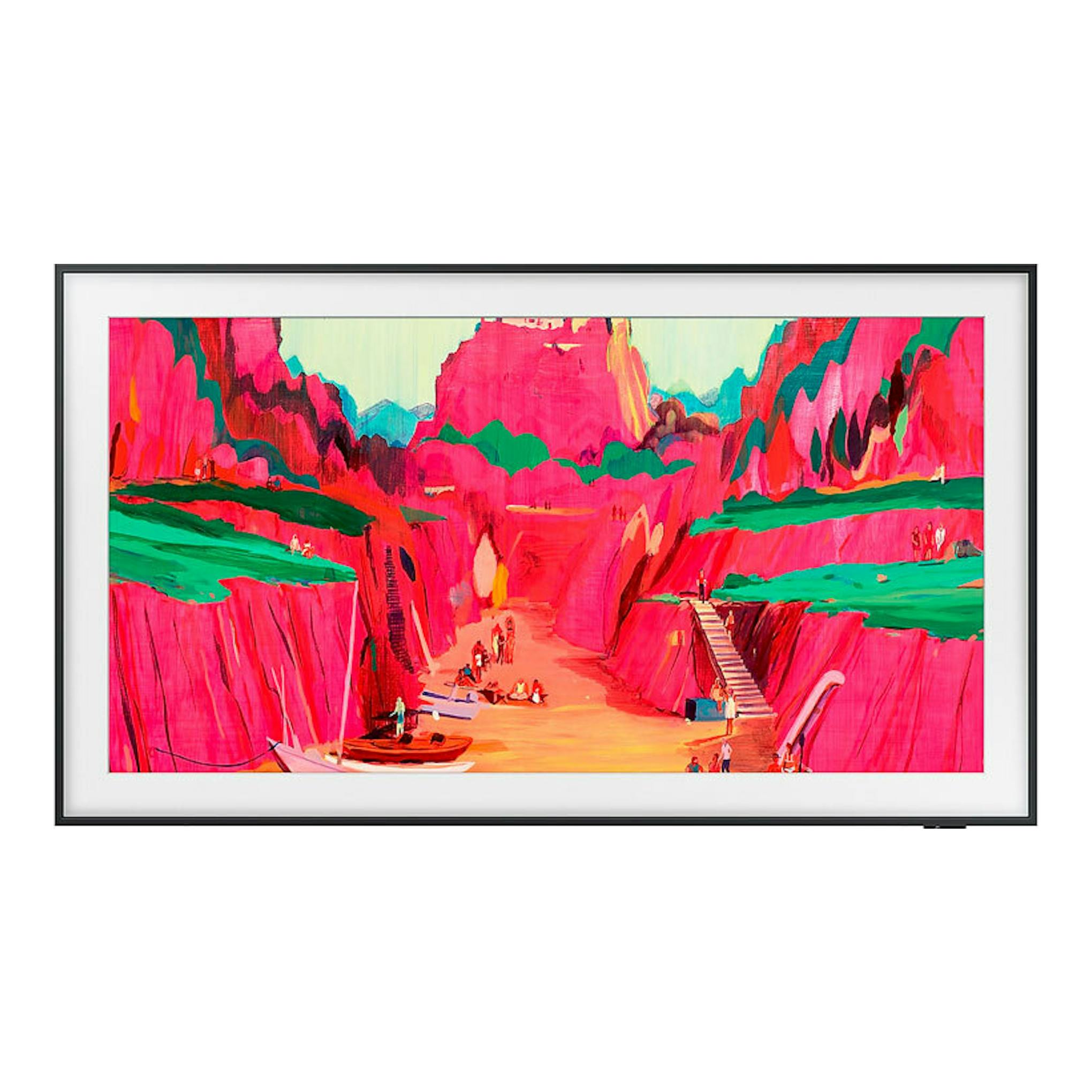 Televisor Samsung TQ65LS03FWUXXC, vista frontal, marco negro, con imagen abstracta rosa y verde en pantalla.