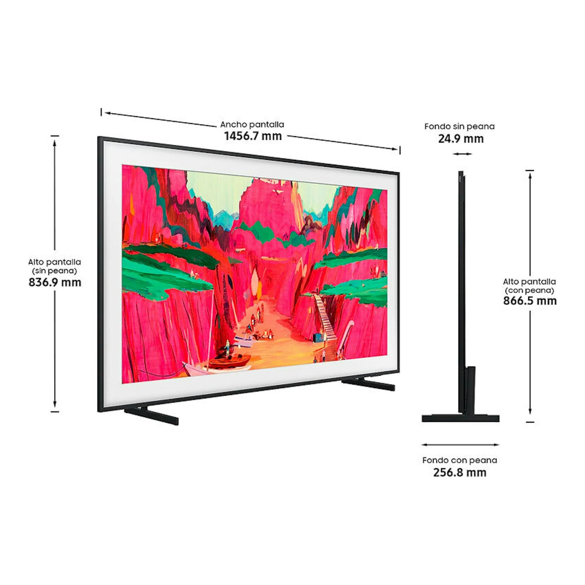 Samsung TQ65LS03FWUXXC NeoQLED 4K 65", vista frontal y lateral del televisor con peana y medidas.