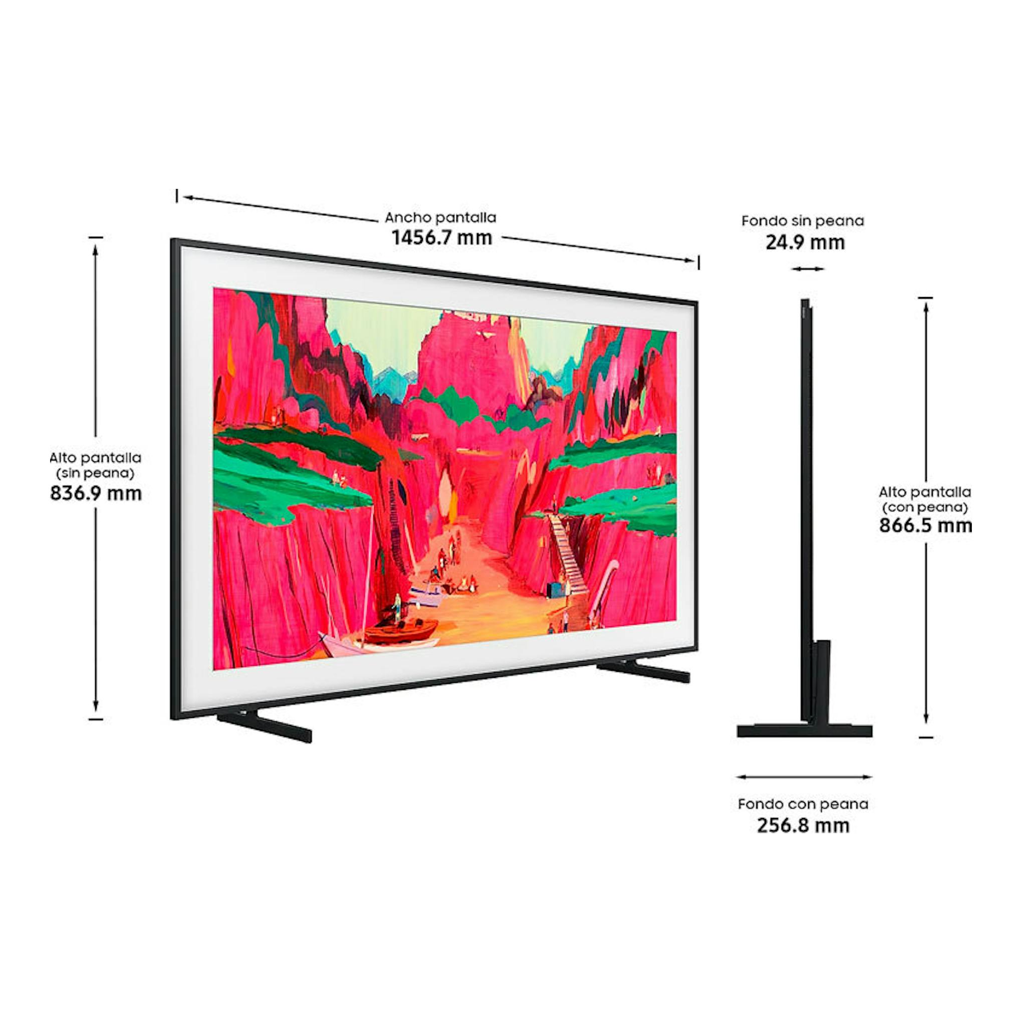 Samsung TQ65LS03FWUXXC NeoQLED 4K 65", vista frontal y lateral del televisor con peana y medidas.
