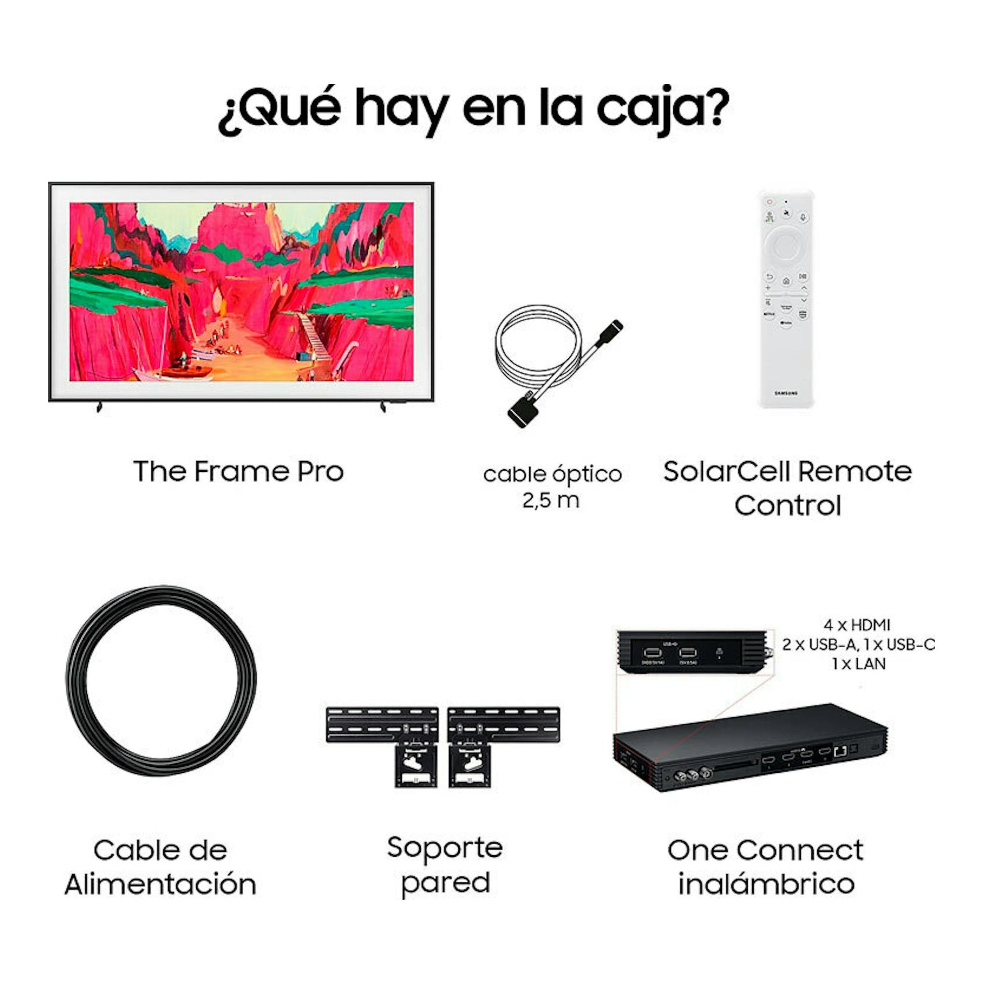 Samsung The Frame Pro en vista frontal con cable óptico, mando SolarCell, cable de alimentación, soporte y One Connect.