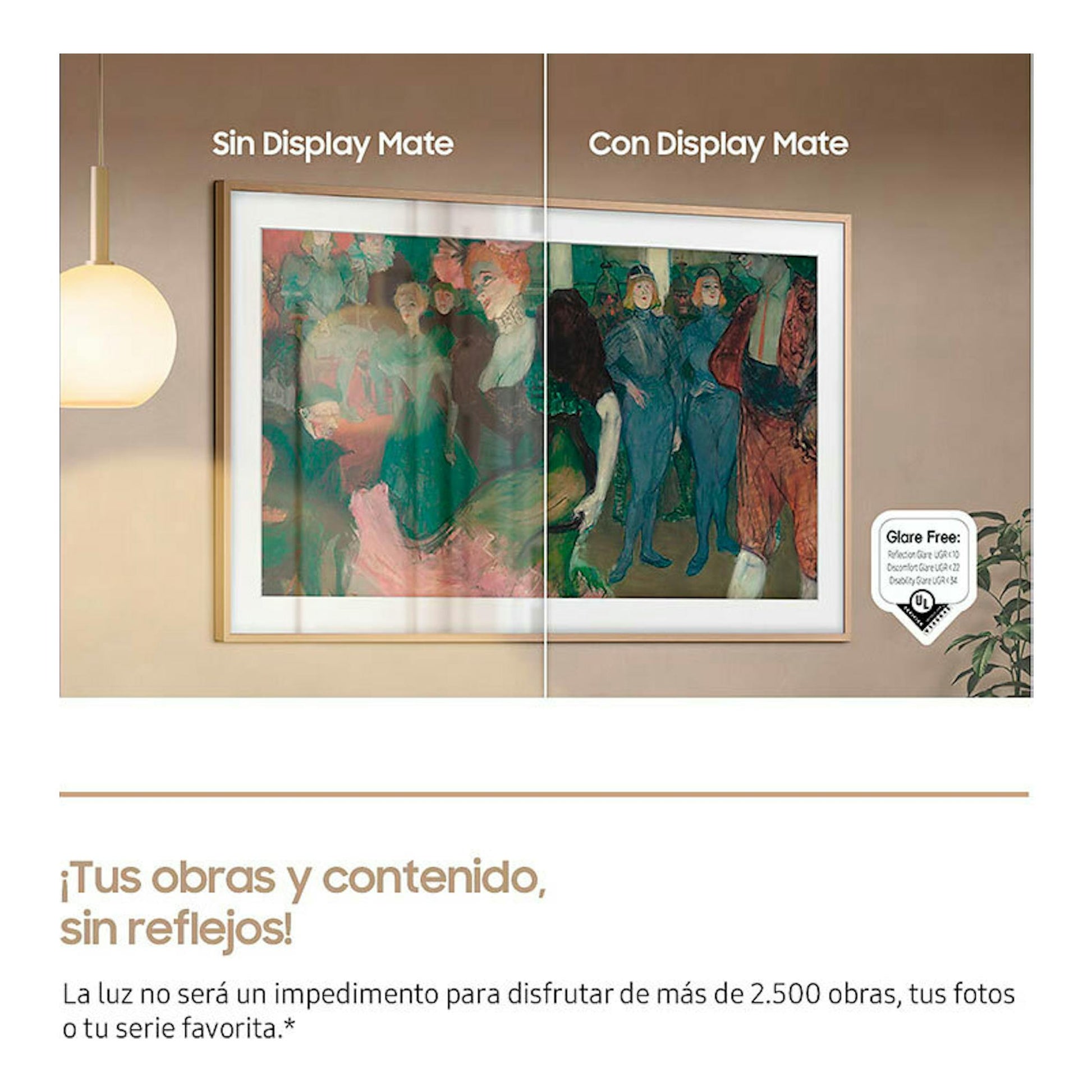 Samsung The Frame LS03F, vista frontal de TV en pared, mitad sin y mitad con Display Mate.