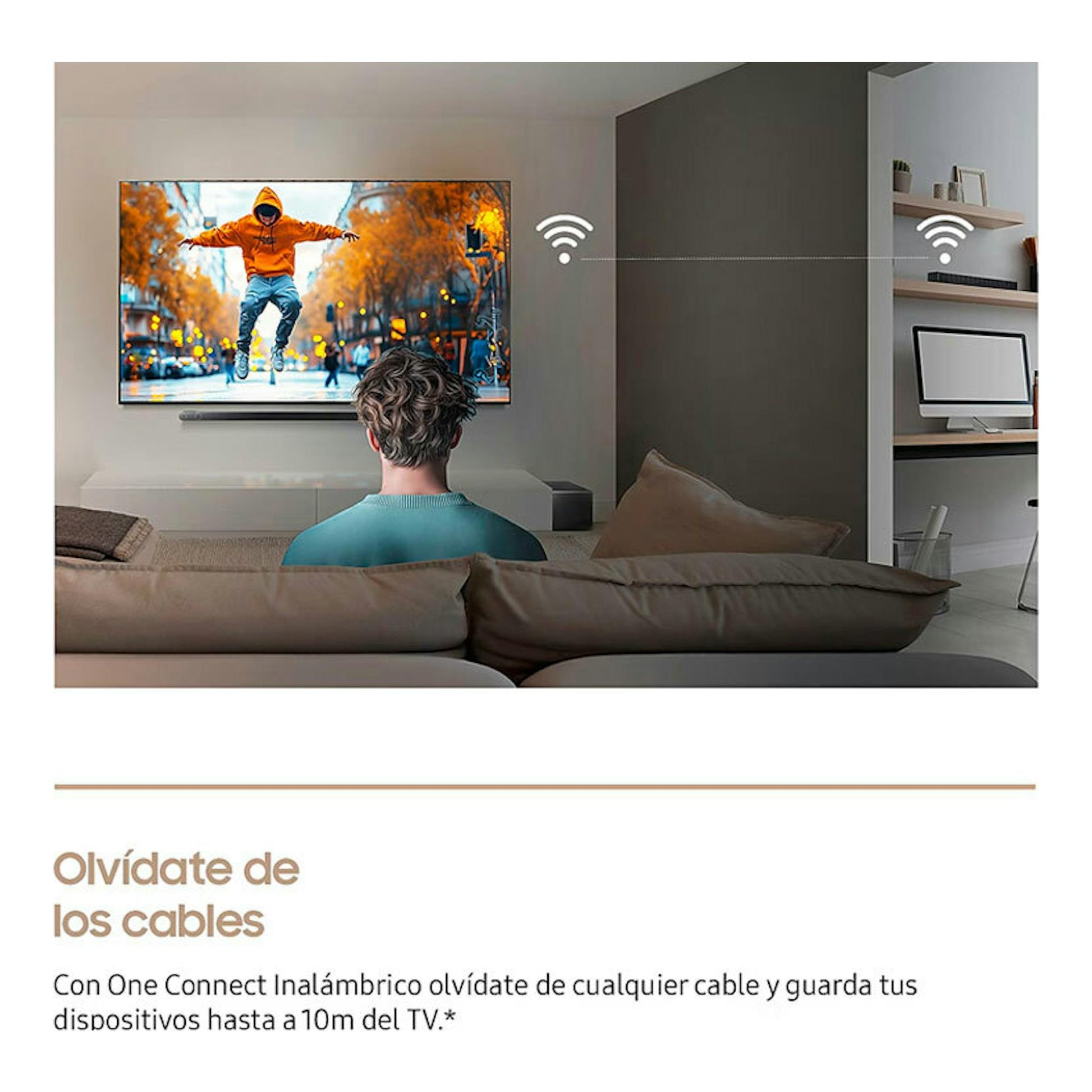 Samsung TQ65LS03FWUXXC Neo QLED 4K 65" negro, montado en pared, vista frontal en salón, con un skater en pantalla.
