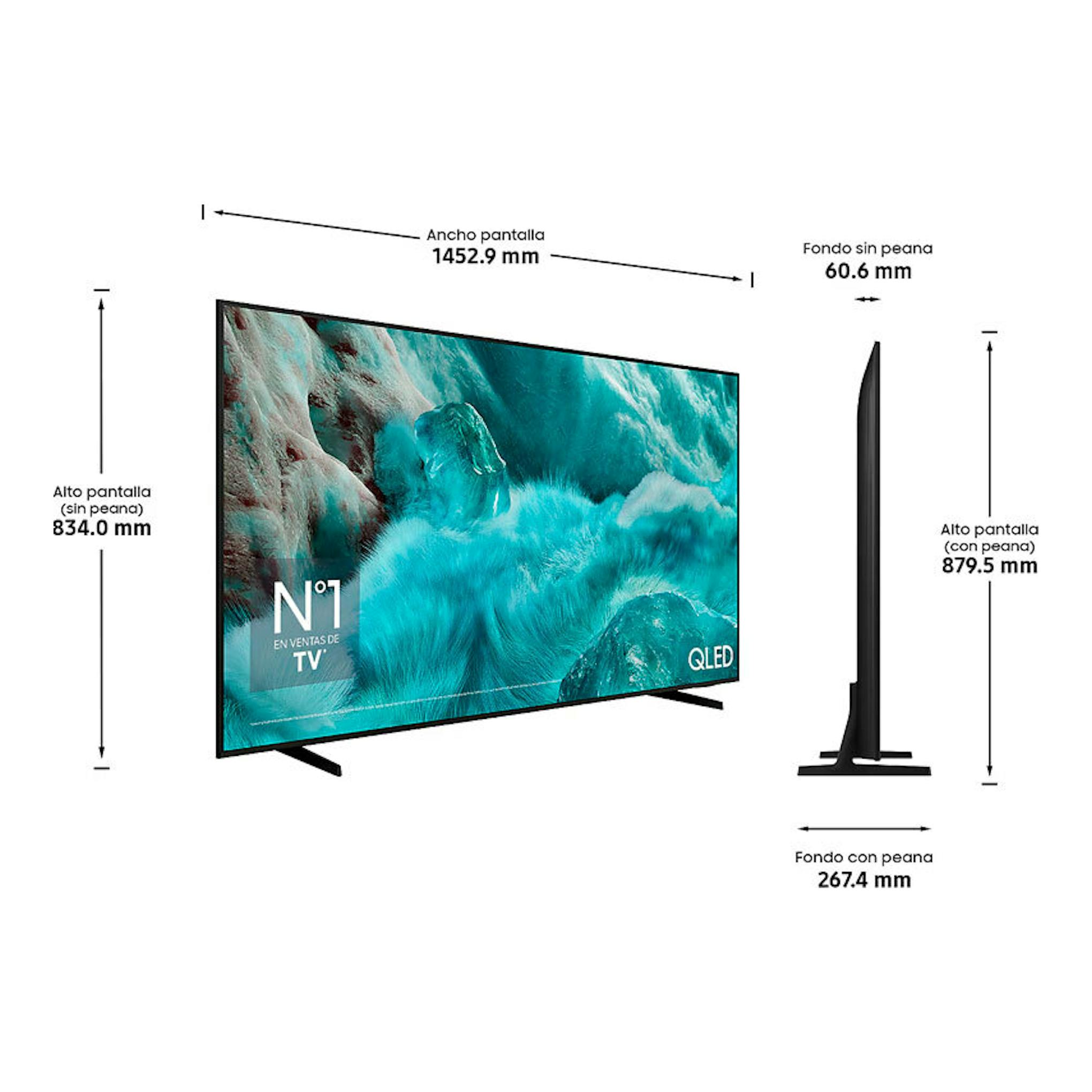 Samsung TQ65Q7FAAUXXC: TV QLED 65" negra, vista frontal y lateral con peana y medidas.