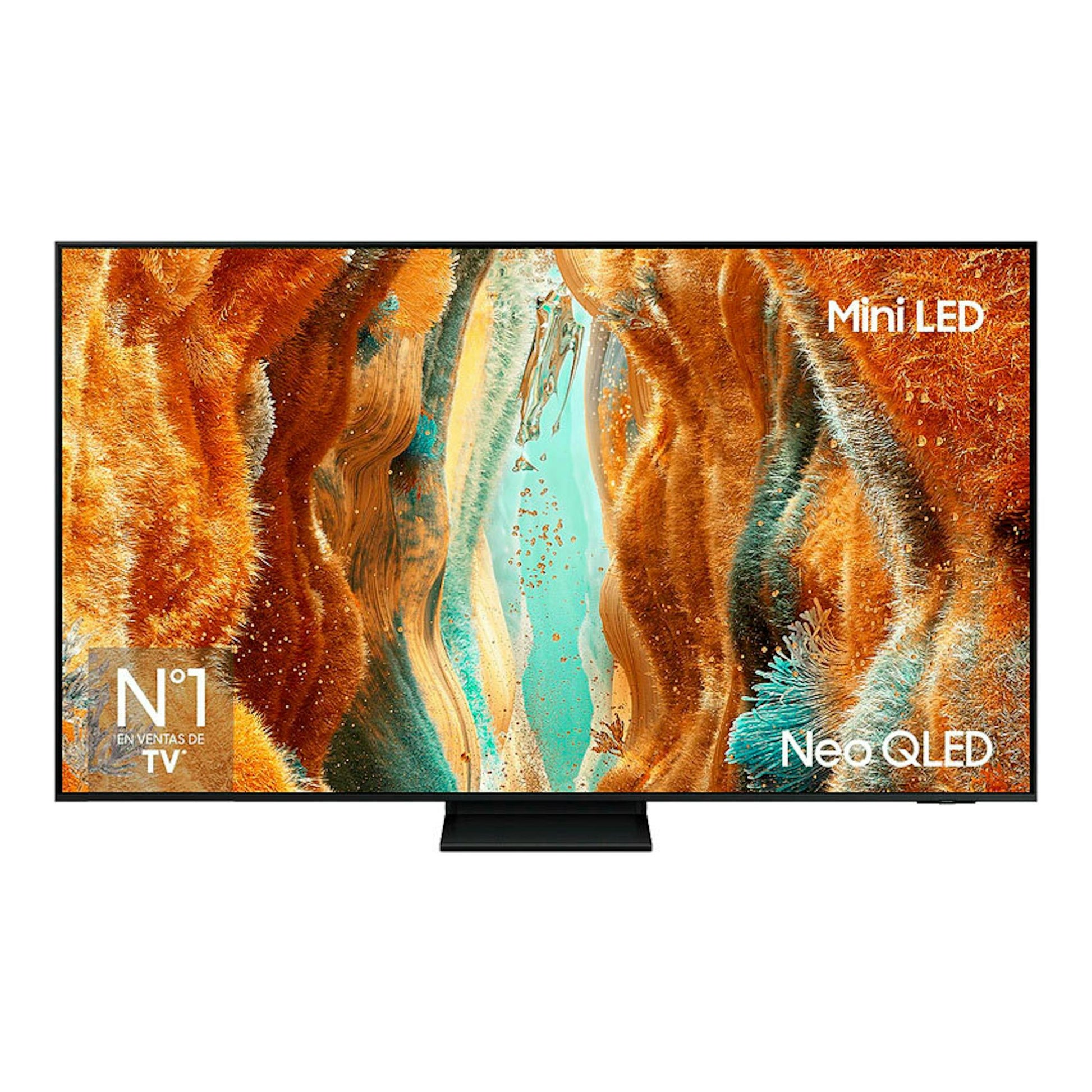 TV Samsung TQ65QN70FAUXXC Neo QLED, vista frontal, marco negro y peana central, con imagen abstracta multicolor.