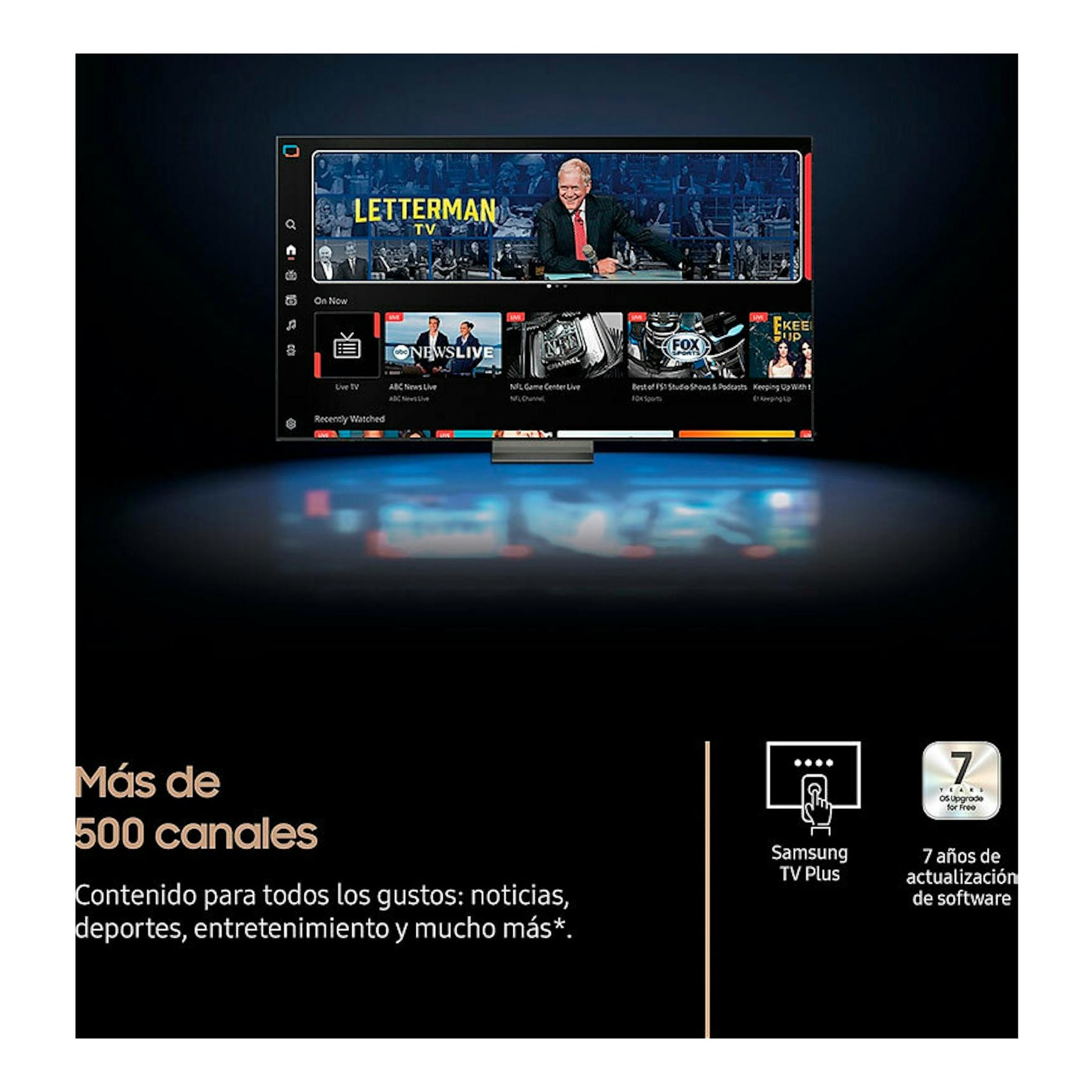 TV Samsung TQ65QN70FAUXXC Neo QLED 4K de 65", vista frontal, con interfaz Samsung TV Plus y texto promocional.