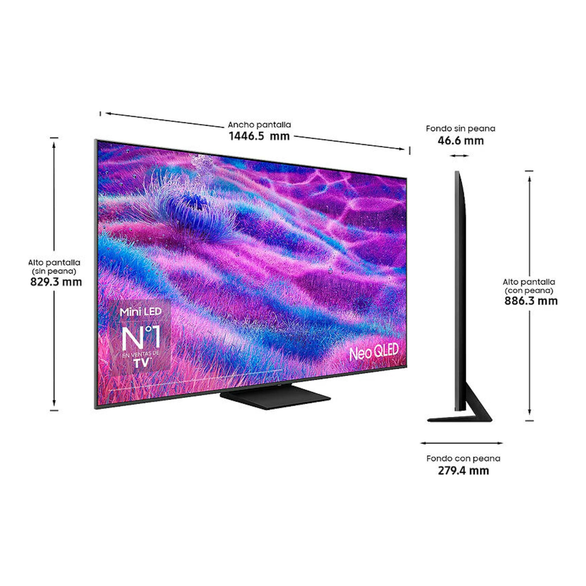 TV Samsung TQ65QN80FAUXXC Neo QLED 4K de 65", vista frontal y lateral en negro, con medidas.