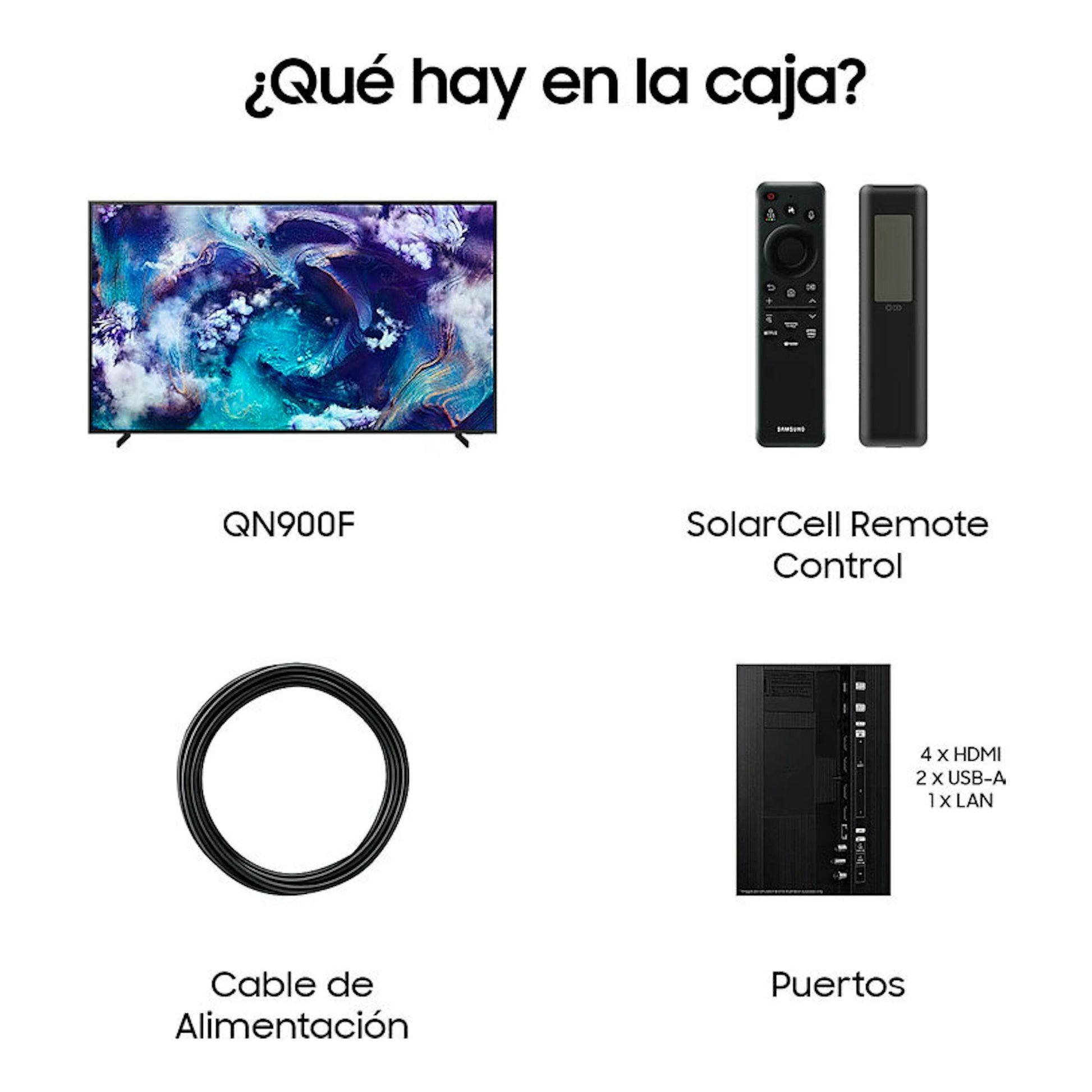 Samsung QN900F: TV frontal, mando SolarCell, cable de alimentación y panel de puertos.