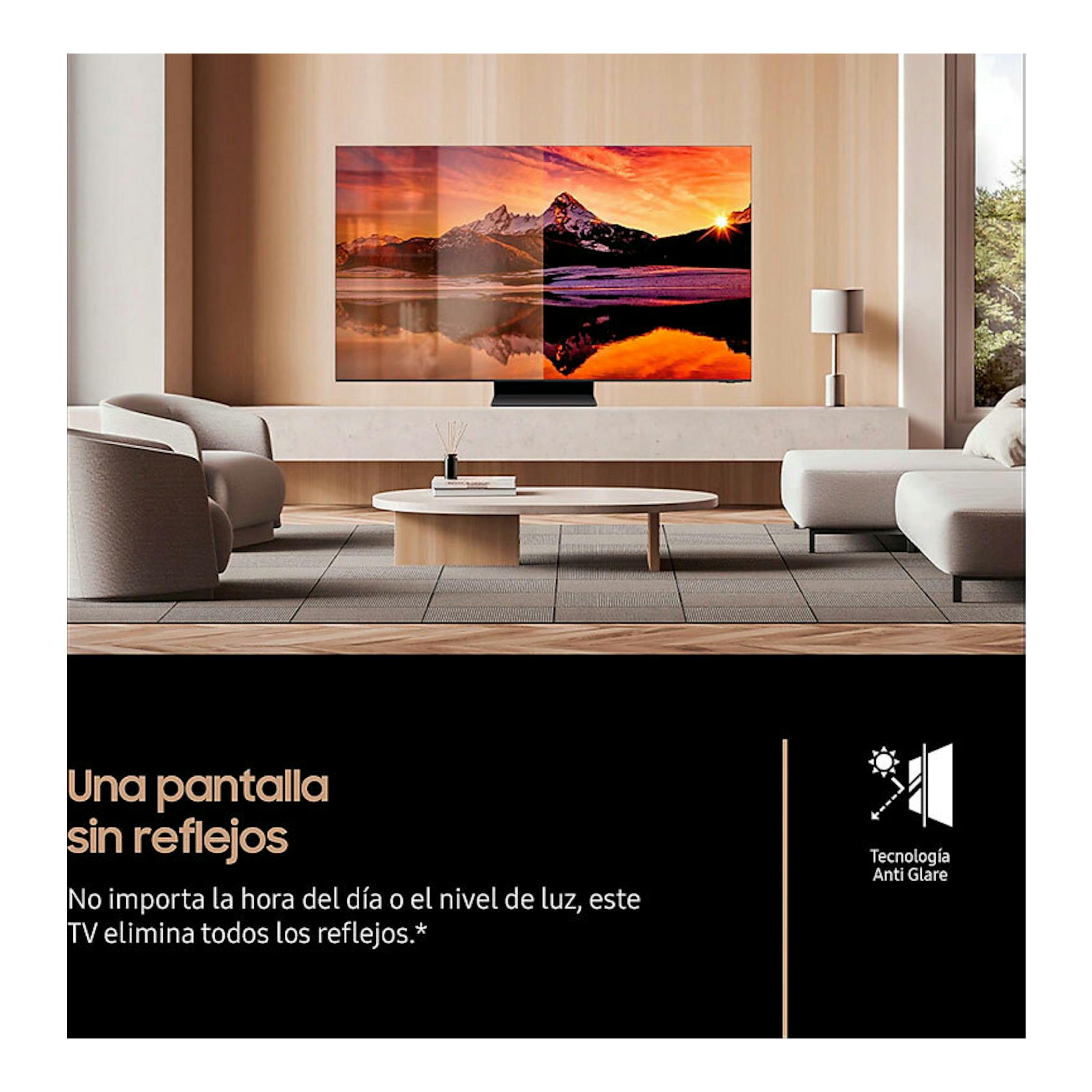 Samsung TQ65QN900FTXXC NeoQLED 8K de 65 pulgadas en un salón moderno, vista frontal.