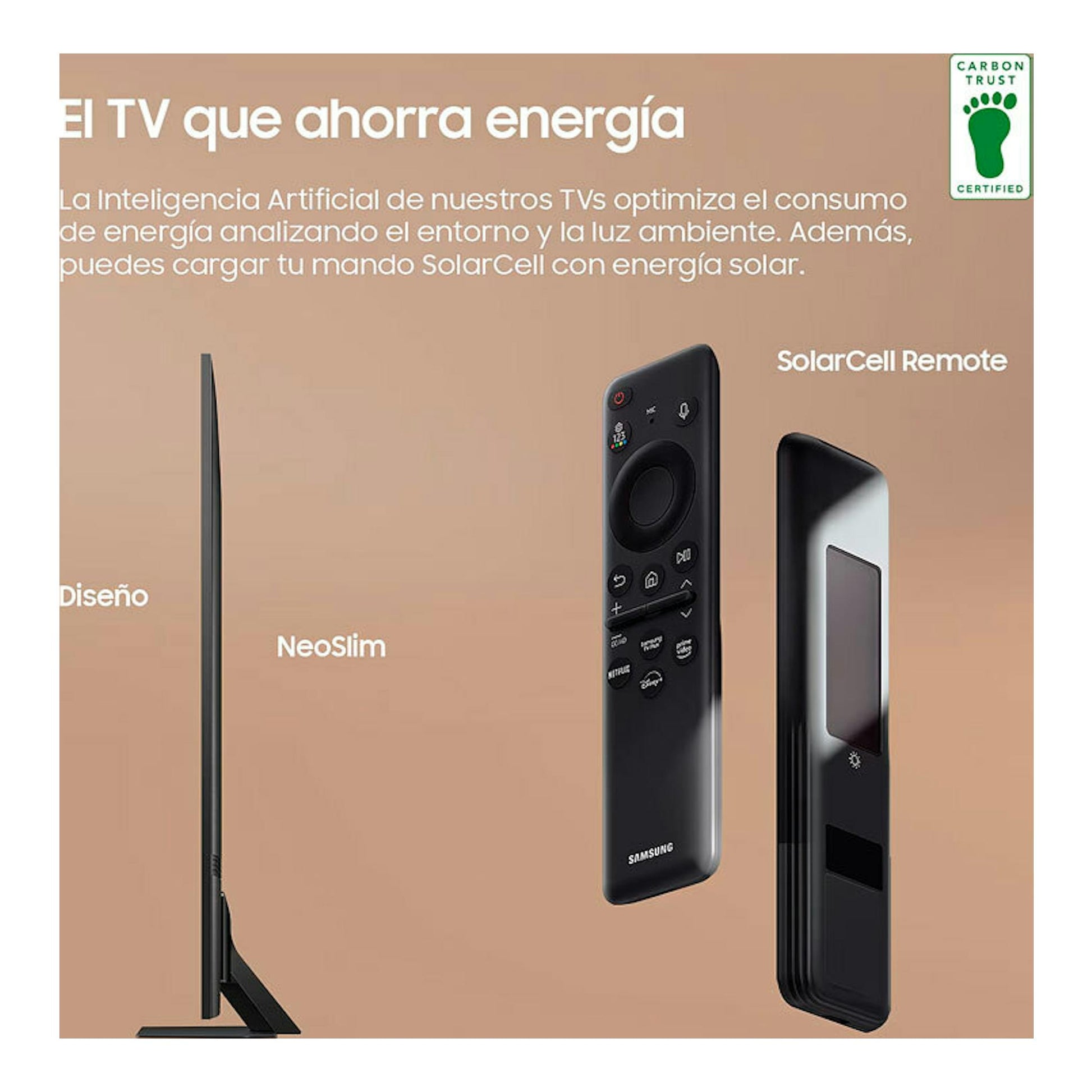 Samsung TQ65QN90DATXXC Neo QLED 4K, vista lateral de TV negro con mando SolarCell, fondo beige.