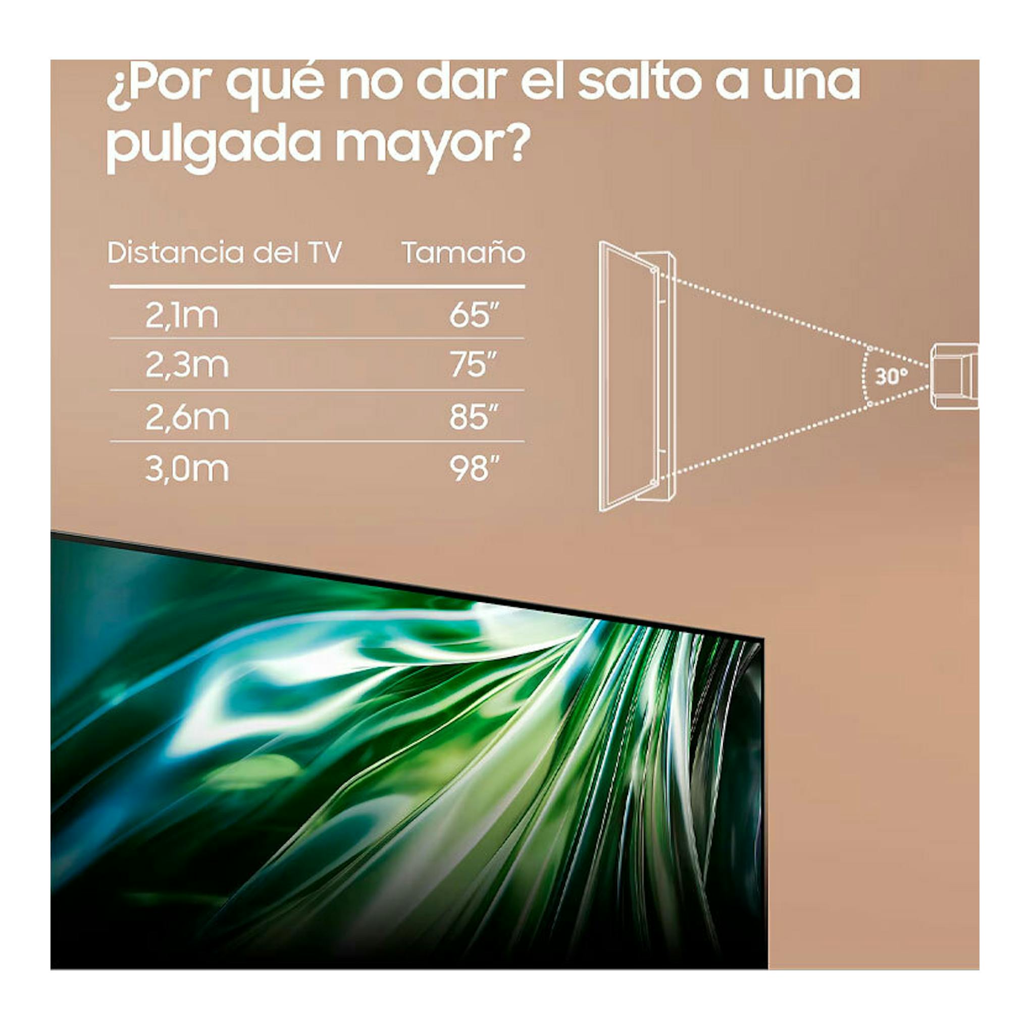 Infografía de Samsung Neo QLED 4K 65", con distancias de visión y una TV vista en ángulo.