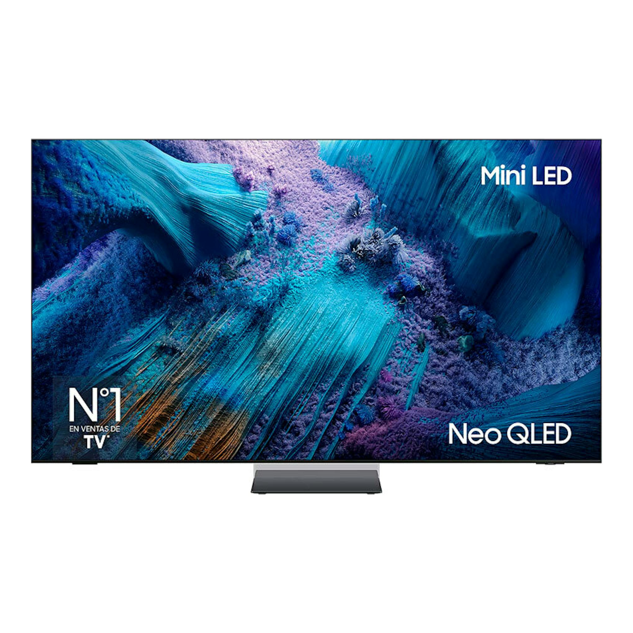 Samsung TQ65QN990FTXXC Neo QLED 65" en vista frontal, TV negra con base central y pantalla abstracta azul.