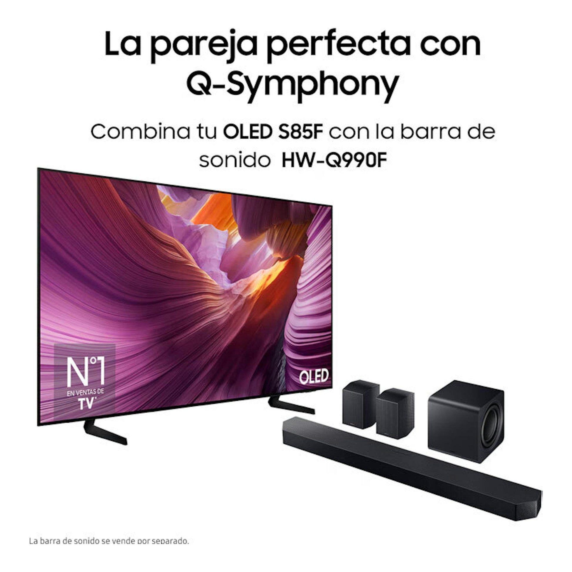 Samsung OLED S85F de 65 pulgadas, vista frontal inclinada, junto a barra de sonido HW-Q990F.