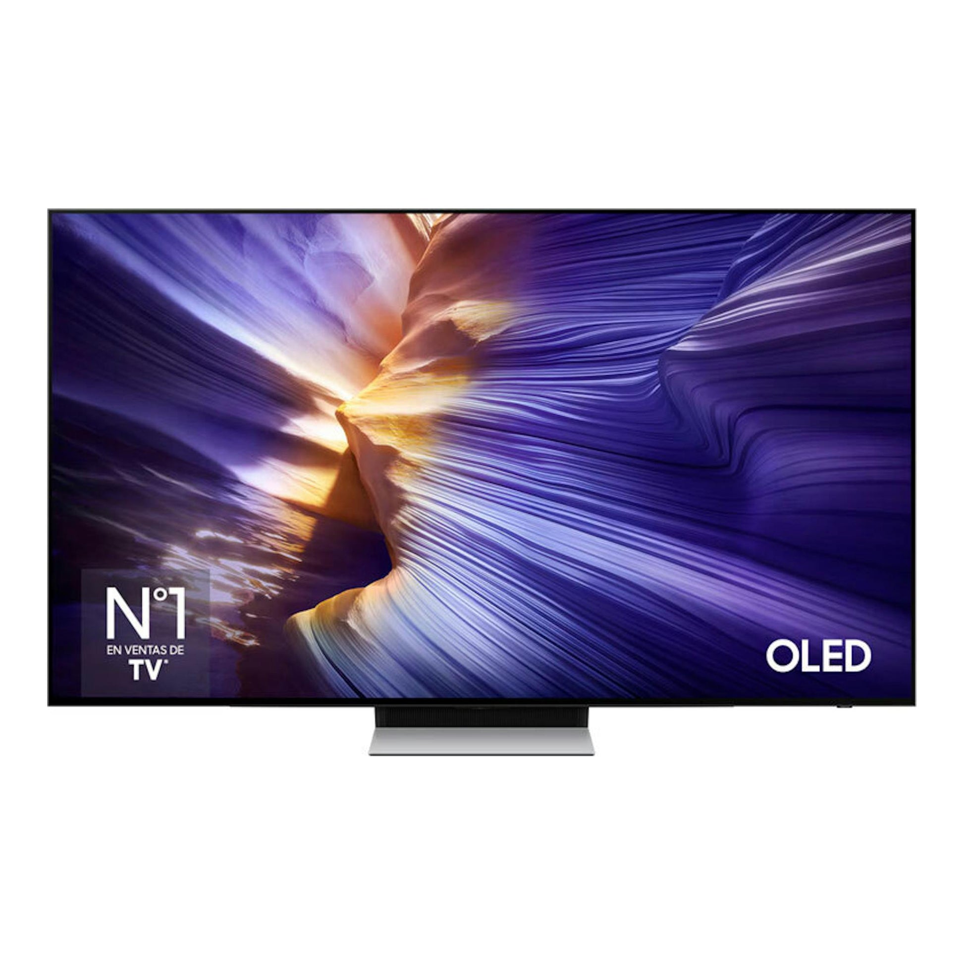 Televisor Samsung TQ65S90FATXXC OLED 4K de 65", vista frontal, pantalla con imagen abstracta morada y base central.