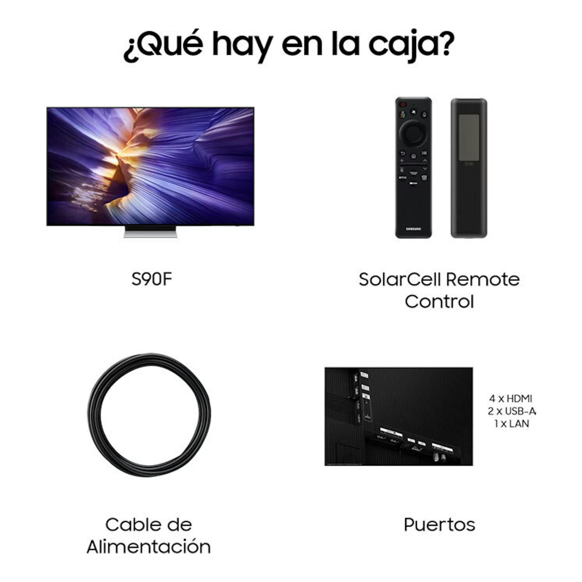 Samsung S90F OLED 65" vista frontal, con mando SolarCell, cable de alimentación y puertos.