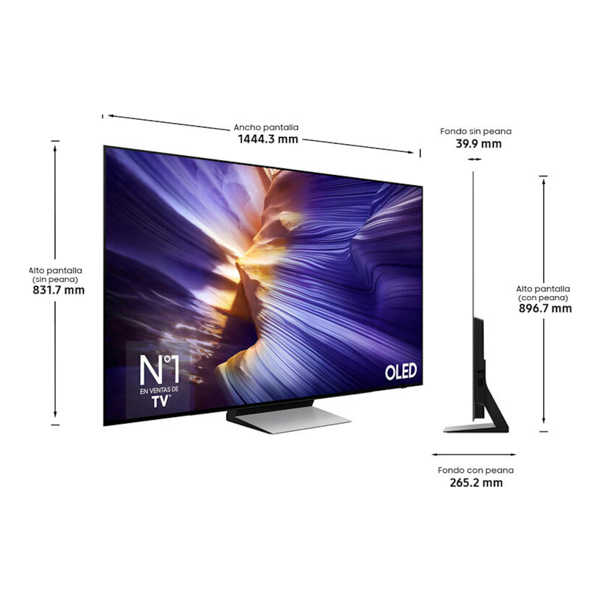 Samsung TQ65S90FATXXC OLED 4K de 65 pulgadas, vista frontal y lateral con medidas anotadas.