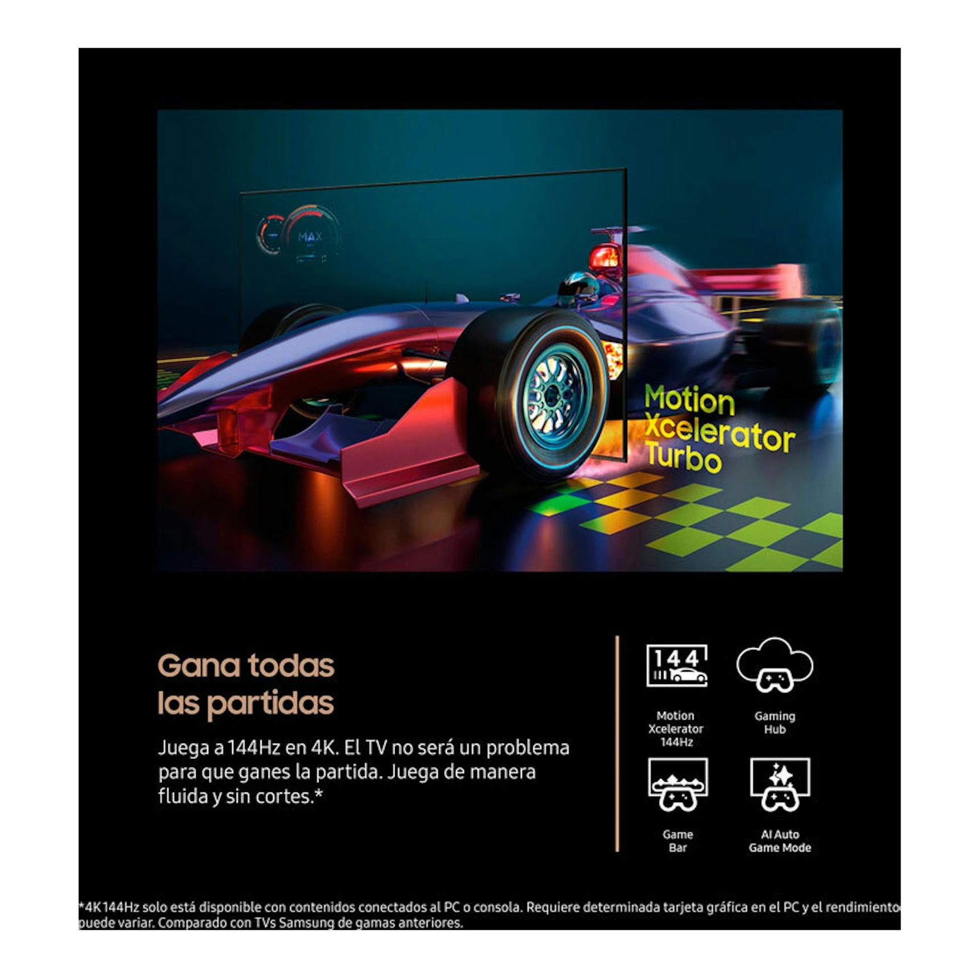 Cartel frontal de TV Samsung OLED 65" con coche de carreras y texto "Motion Xcelerator Turbo".