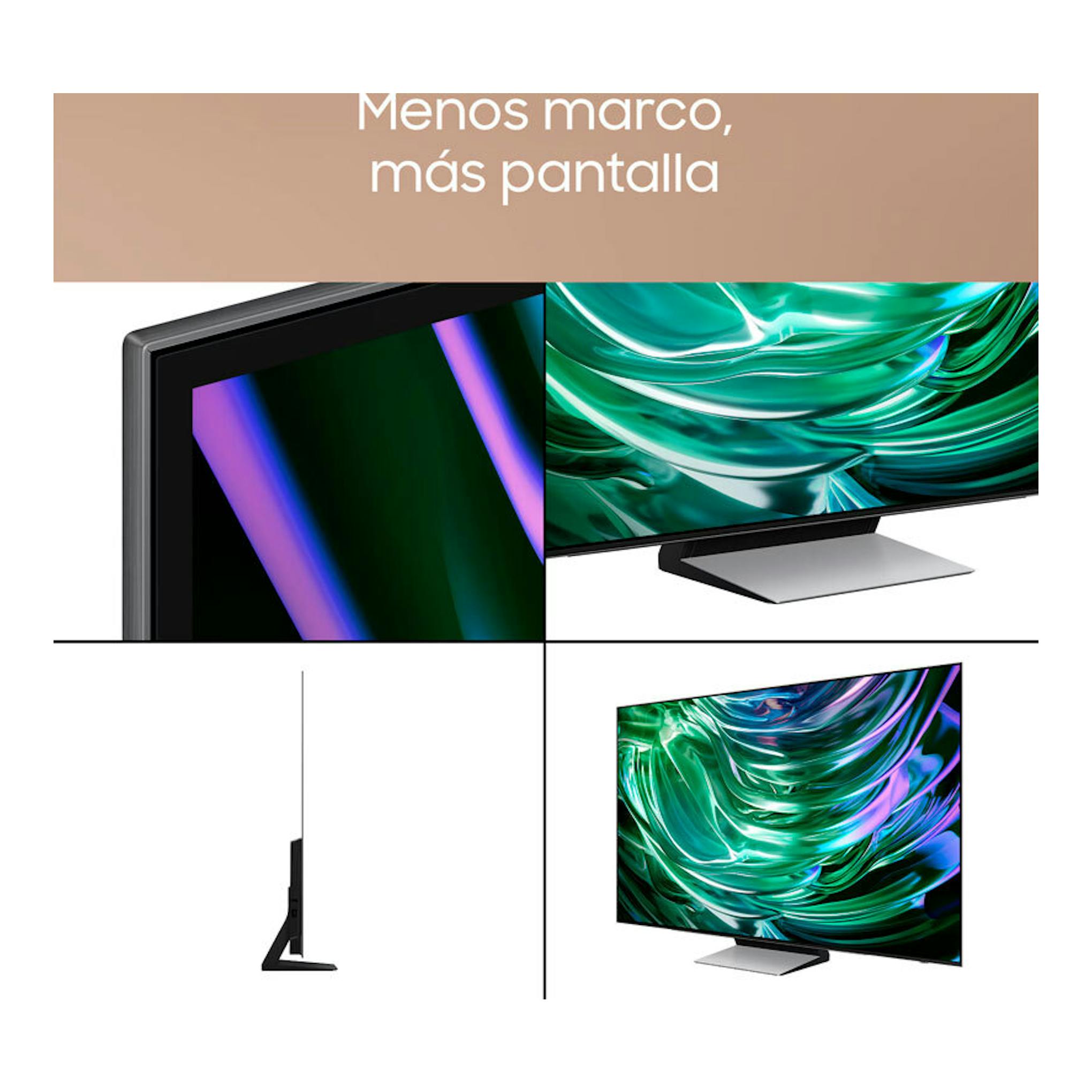 Samsung TQ65S93DATXXC OLED 4K de 65", vistas frontal y lateral, marco fino y peana plateada.