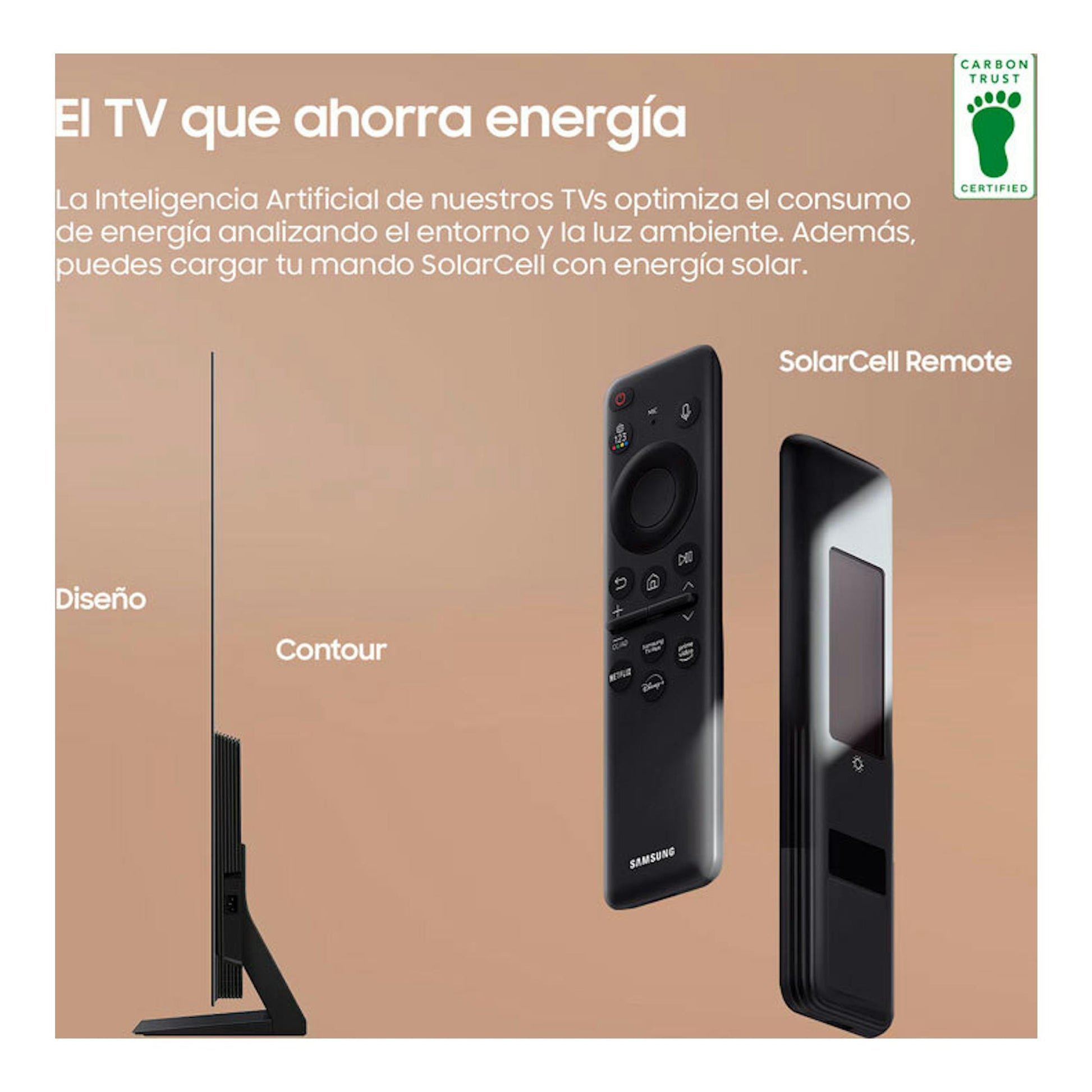 Samsung TQ65S93DATXXC OLED 4K 65", vista lateral del televisor negro y dos vistas del mando SolarCell.