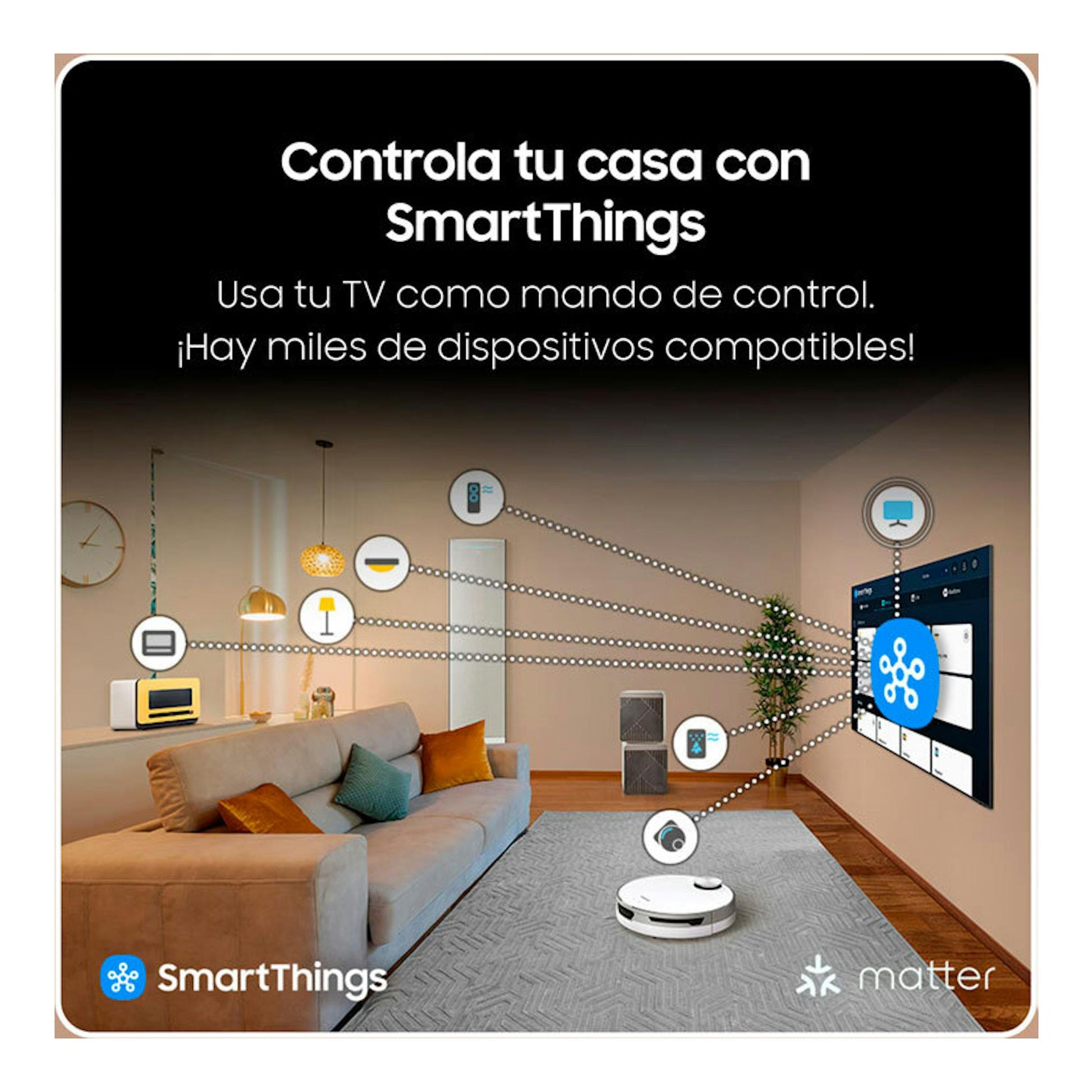 Imagen promocional de un salón con TV Samsung TQ65S93DATXXC OLED montado en la pared y control SmartThings.